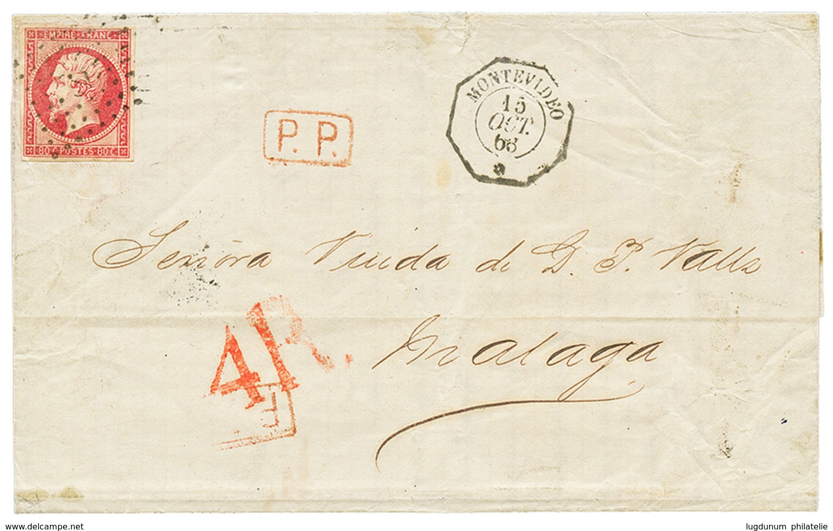 288 1863 80c(n°17) TB Margé Obl. ANCRE + MONTEVIDEO Sur Lettre Pour MALAGA(ESPAGNE). Superbe. - Usati