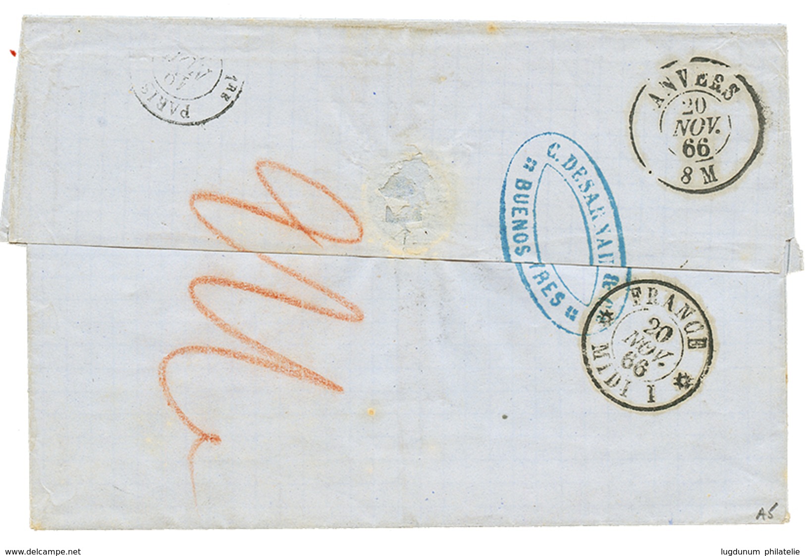 289 1866 BUENOS-AYRES PAQ FR K N°1 + F./26 + Taxe 20 Sur Lettre De BUENOS-AIRES Pour La BELGIQUE. TTB. - Usati