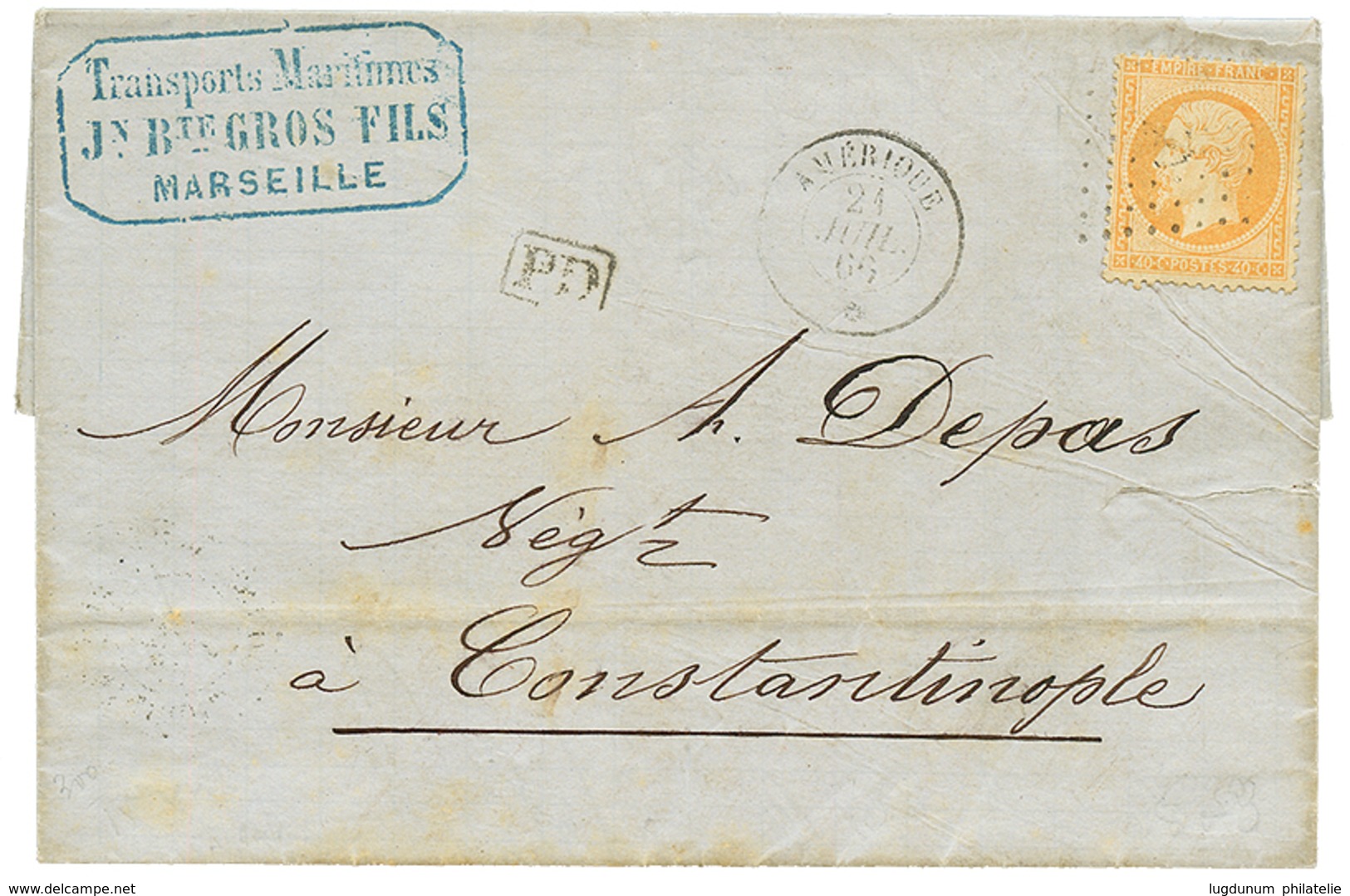 290 1866 40c(n°23) Obl. ANCRE + AMERIQUE 21 Juil 66 Sur Lettre De MARSEILLE Pour CONSTANTINOPLE. TB. - Used Stamps