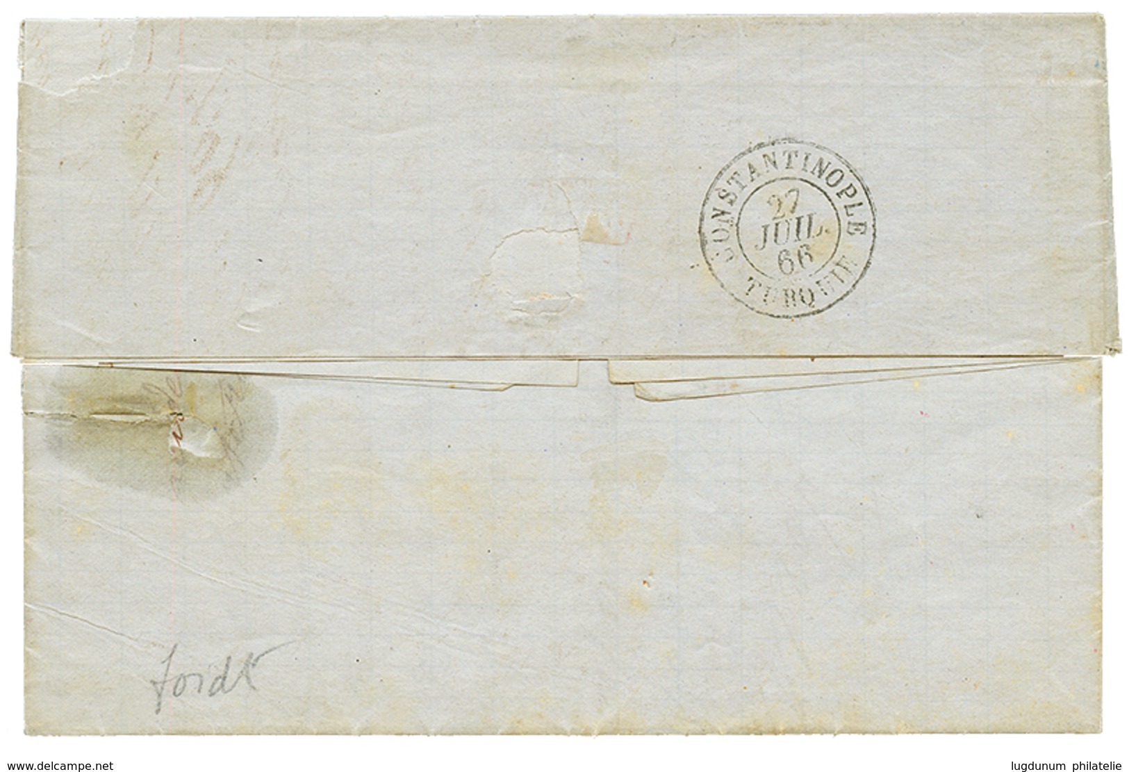 290 1866 40c(n°23) Obl. ANCRE + AMERIQUE 21 Juil 66 Sur Lettre De MARSEILLE Pour CONSTANTINOPLE. TB. - Used Stamps