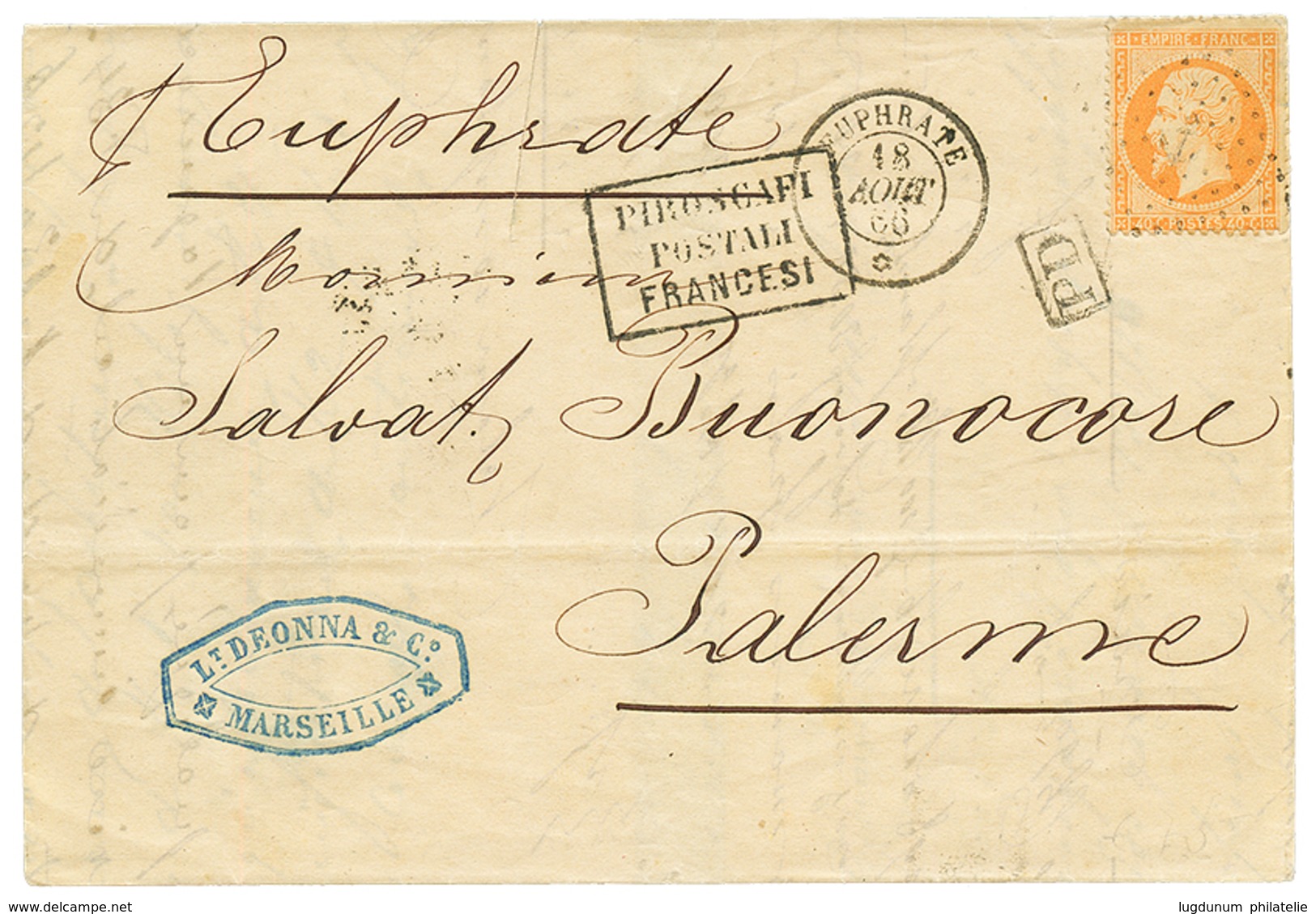 291 1866 40c(n°23) Obl. ANCRE + EUPHRATE 18 AOUT 66 Sur Lettre De MARSEILLE Pour PALERME(SICILE). TTB. - Used Stamps