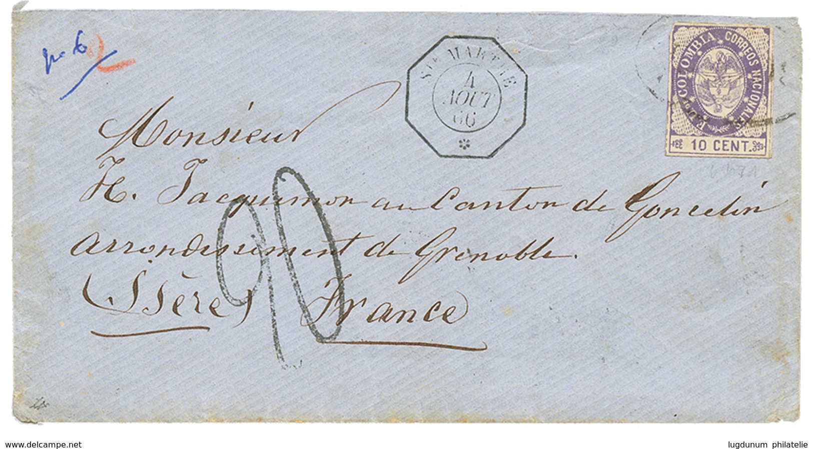 292 1866 10c + Cachet Consulaire STE MARTHE + Taxe 20 Sur Enveloppe Pour La FRANCE. RARE. TB. - Used Stamps