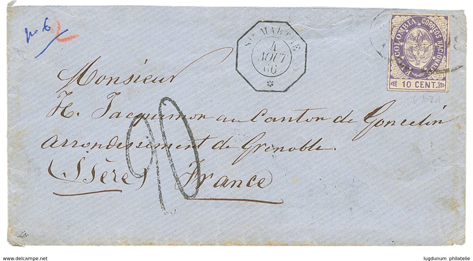 292 1866 10c + Cachet Consulaire STE MARTHE + Taxe 20 Sur Enveloppe Pour La FRANCE. RARE. TB. - Usati