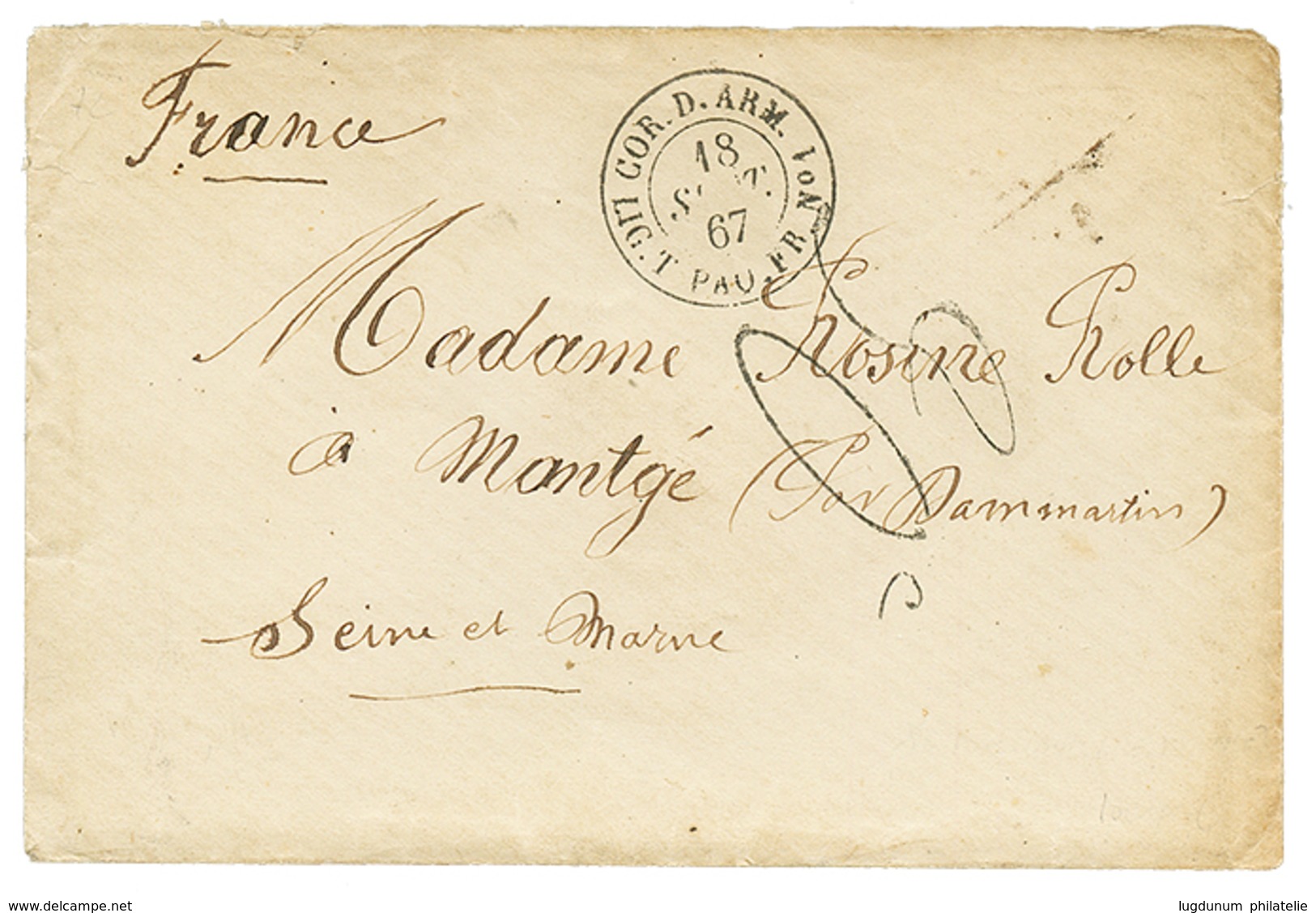 293 ILE MLAURICE : 1867 CORR. D'ARM. LIG. T PAQ FR N°1 + Taxe 30c Tampon(rare) Sur Enveloppe Avec Texte De PORT-LOUIS(MA - Used Stamps