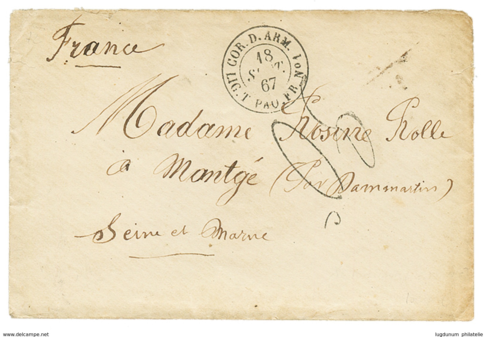 293 ILE MLAURICE : 1867 CORR. D'ARM. LIG. T PAQ FR N°1 + Taxe 30c Tampon(rare) Sur Enveloppe Avec Texte De PORT-LOUIS(MA - Usati