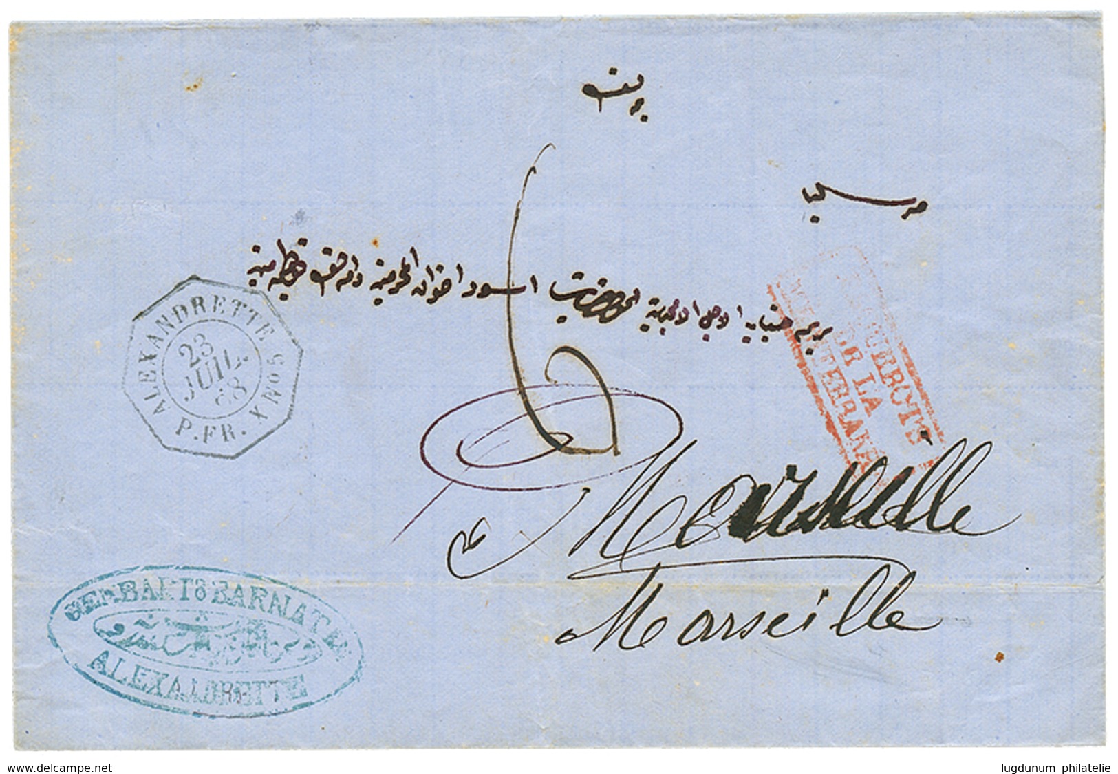 294 1868 Cachet Rare ALEXANDRETTE PAQ FR X N°5 + Taxe 6 Sur Lettre Pour La FRANCE. Superbe. - Usati