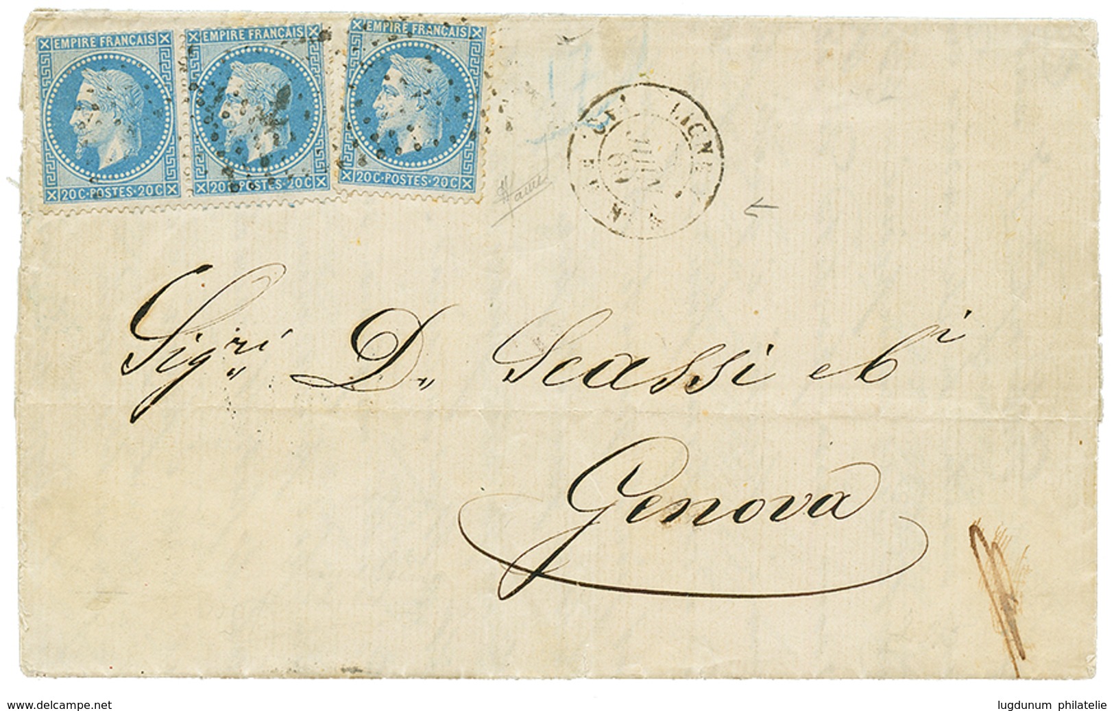 295 "LIGNE Y De CONSTANTINOPLE à SMYRNE" : 1869 20c(n°29)x3 Obl. ANCRE + Cachet Rarissime LIGNE Y PAQ FR Sur Lettre Avec - Used Stamps