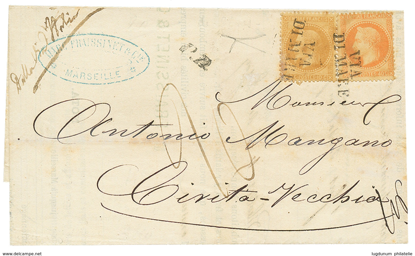 296 1870 10c(n°28) + 40c(n°31) Obl. Cachet Rare VIA DI MARE Sur Lettre De MARSEILLE Pour CIVITA-VECCHIA. Certificat BOTT - Usati