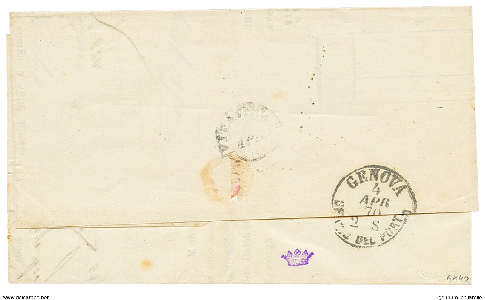 296 1870 10c(n°28) + 40c(n°31) Obl. Cachet Rare VIA DI MARE Sur Lettre De MARSEILLE Pour CIVITA-VECCHIA. Certificat BOTT - Usati