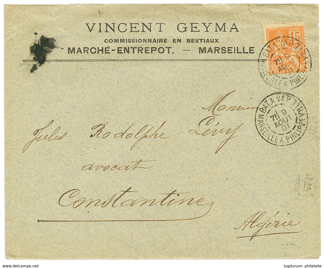 301 1901 15c MOUCHON Obl. BAT A VAP. MARSEILLE A PHILIPPEVILLE Sur Env. De MARSEILLE Pour CONSTANTINE. TTB. - Used Stamps