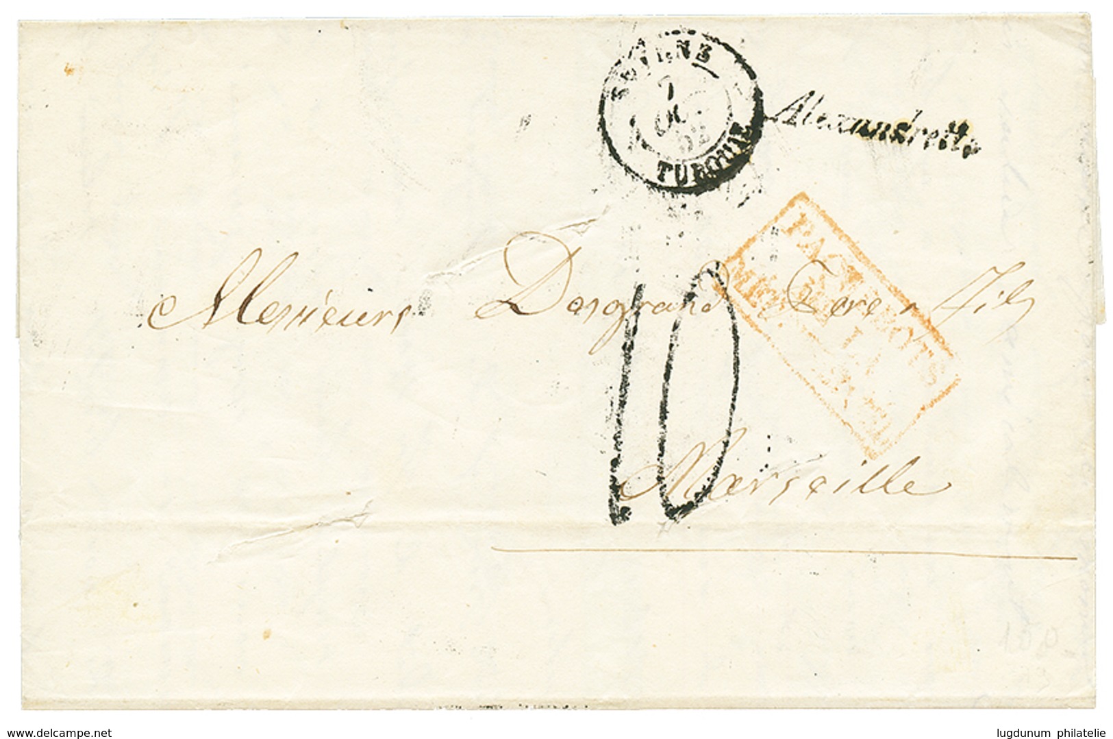 305 1852 Cursive ALEXANDRETTE + Taxe 10 + SMYRNE Sur Lettre Avec Texte D' ALEP Pour MARSEILLE. RARE. TB. - Altri & Non Classificati