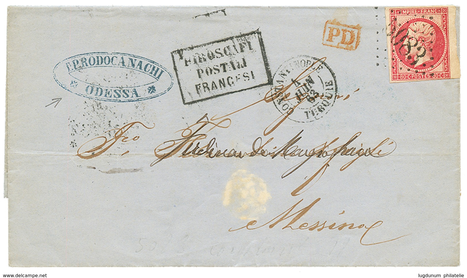 308 RUSSIE Via CONSTANTINOPLE : 1863 80c(n°17) Obl. GC 5083 + CONSTANTINOPLE TURQUIE Sur Lettre D' ODESSA(RUSSIE) Pour M - Other & Unclassified