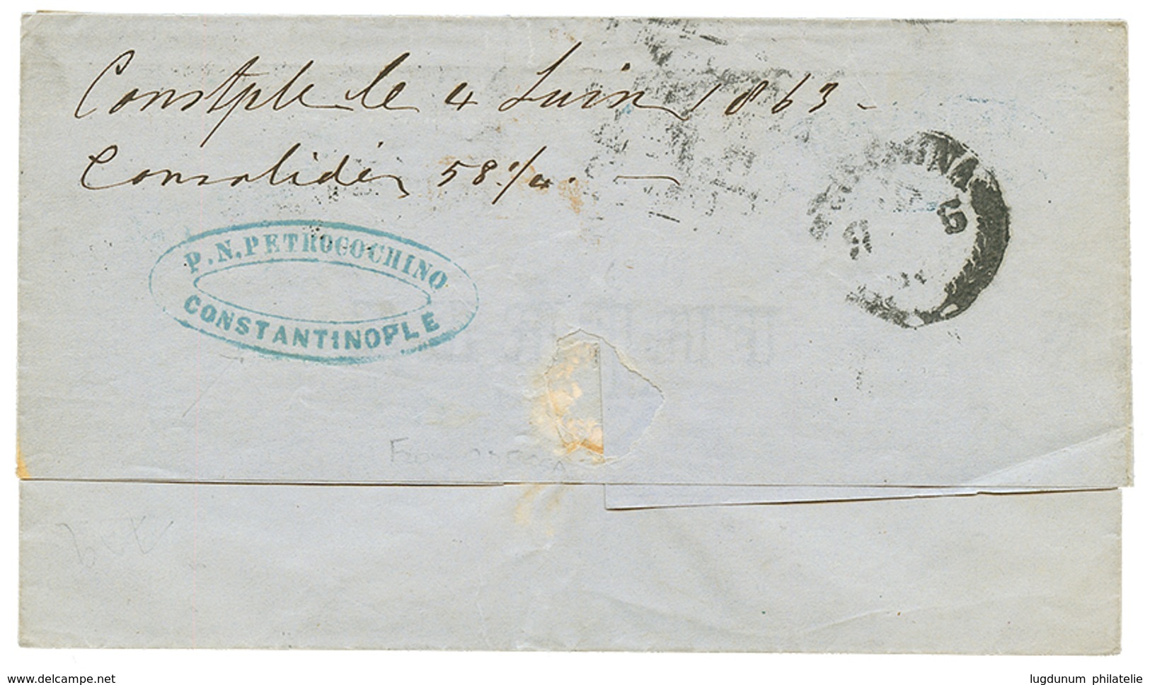 308 RUSSIE Via CONSTANTINOPLE : 1863 80c(n°17) Obl. GC 5083 + CONSTANTINOPLE TURQUIE Sur Lettre D' ODESSA(RUSSIE) Pour M - Autres & Non Classés