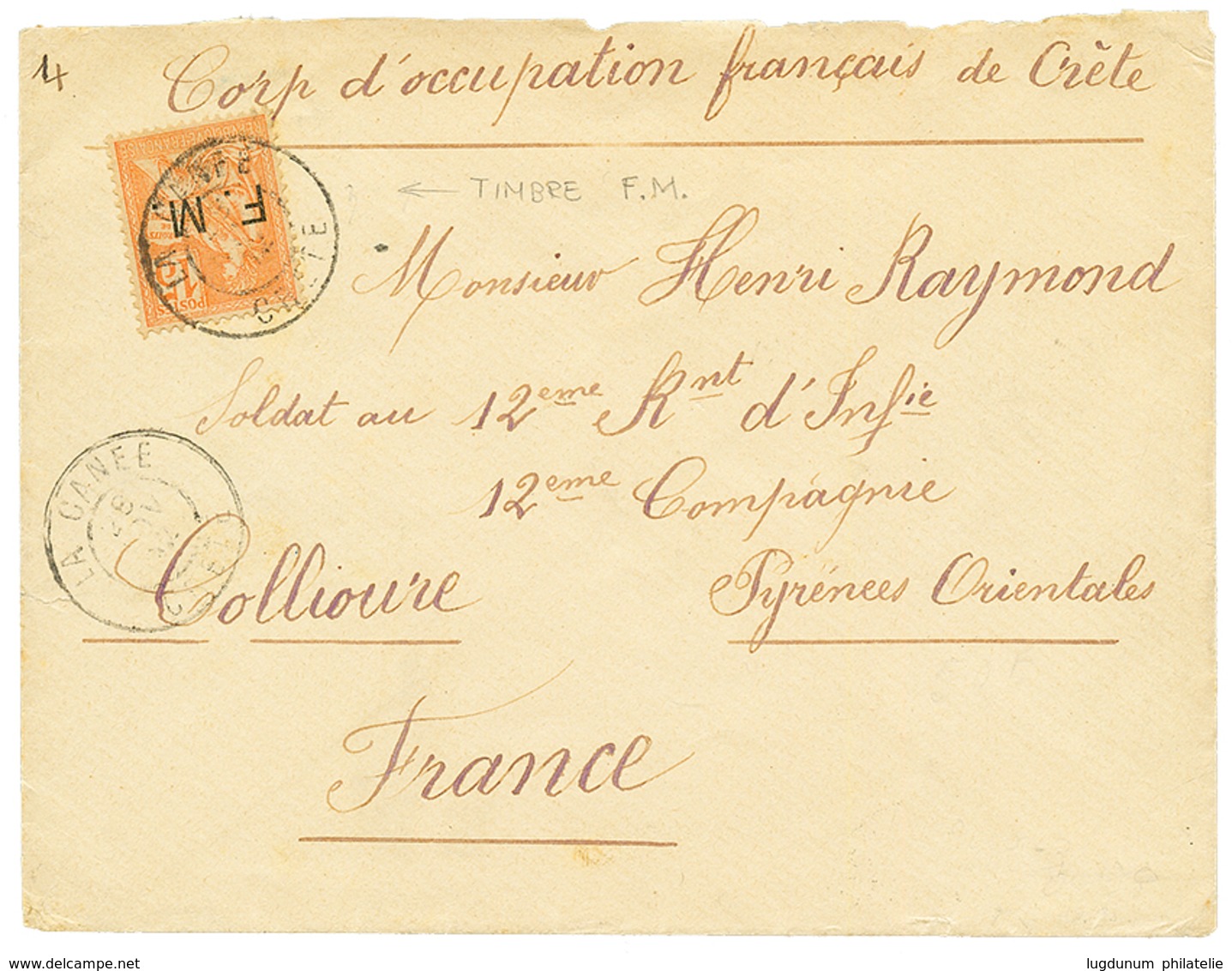 310 CRETE : 1902 FRANCE Timbre F.M 15c Obl. LA CANE Sur Env(CORPS OCCUP. De CRETE) Pour La FRANCE. TB. - Sonstige & Ohne Zuordnung