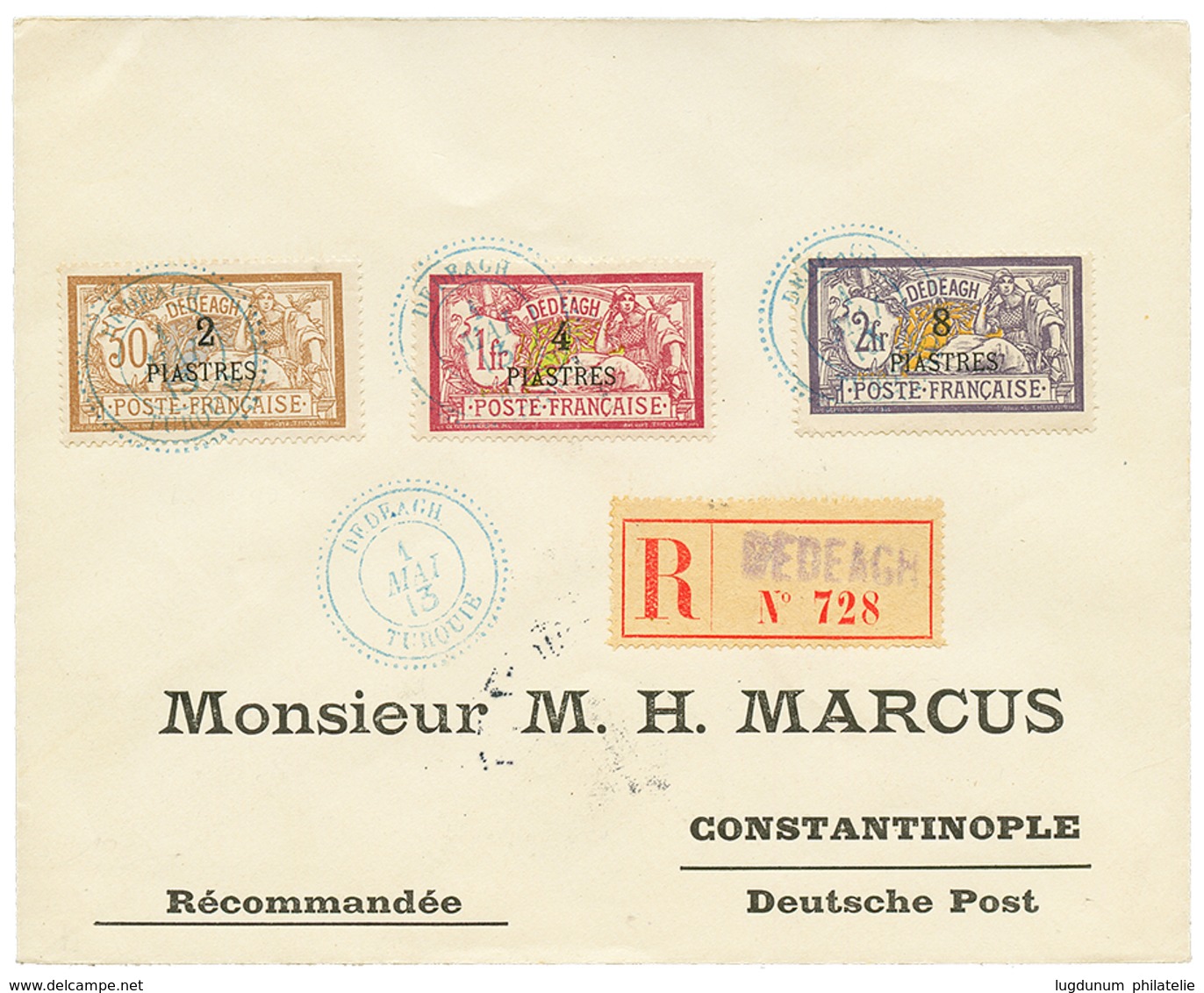 312 DEDEAGH : 1913 MERSON 2p S/ 50c+ 4p S/ 1F+ 8p S/ 2F Obl. DEDEAGH TURQUIE Sur Enveloppe RECOMMANDEE Pour CONSTANTINOP - Sonstige & Ohne Zuordnung