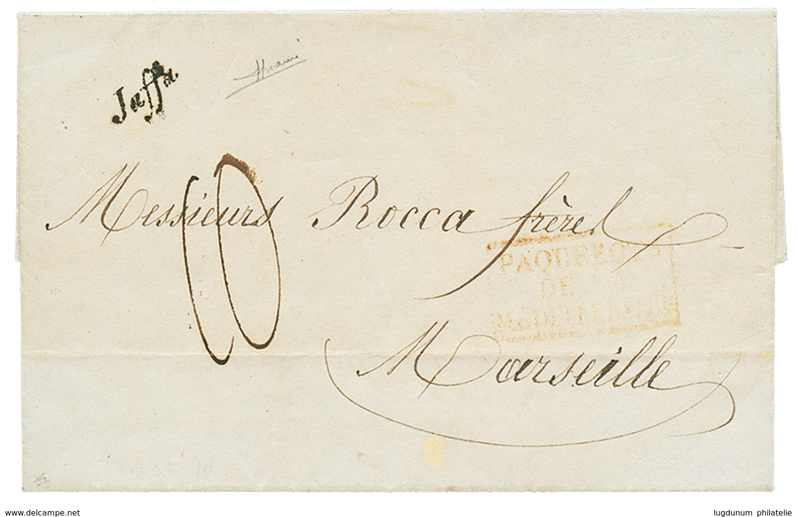 313 1854 Cursive JAFFA + Taxe 10 Sur Lettre Avec Texte Pour La FRANCE. Verso, ALEXANDRIE. RARE Et Superbe. - Autres & Non Classés