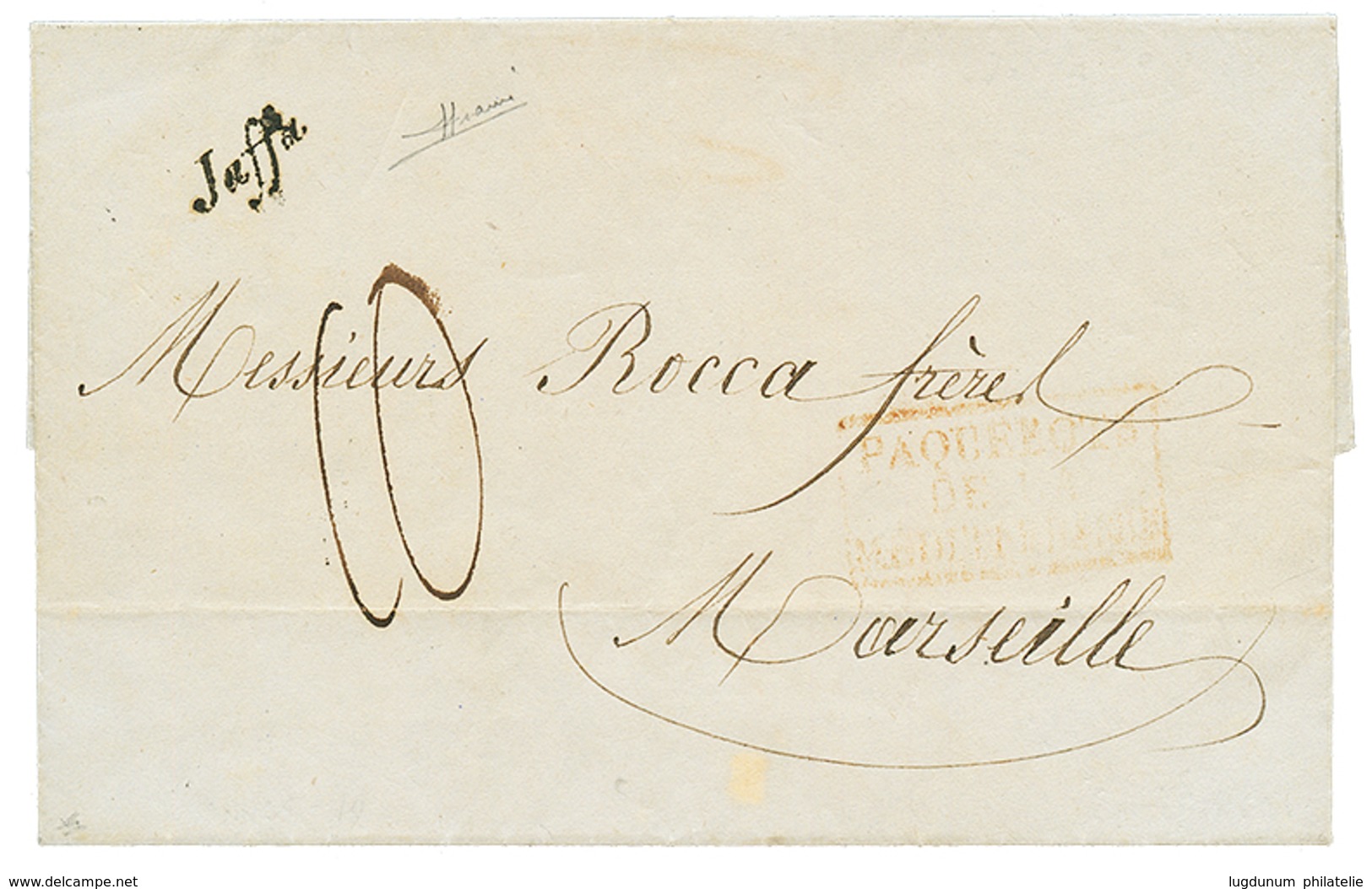 313 1854 Cursive JAFFA + Taxe 10 Sur Lettre Avec Texte Pour La FRANCE. Verso, ALEXANDRIE. RARE Et Superbe. - Altri & Non Classificati
