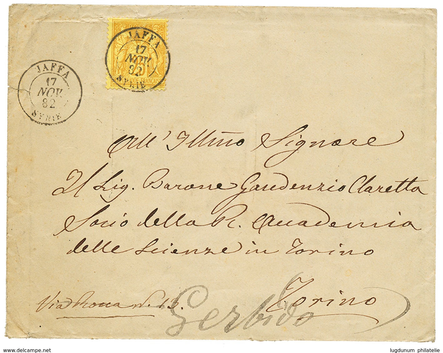 315 JAFFA : 1882 25c SAGE Jaune Obl. JAFFA SYRIE Sur Enveloppe Pour L' ITALIE. TTB. - Sonstige & Ohne Zuordnung