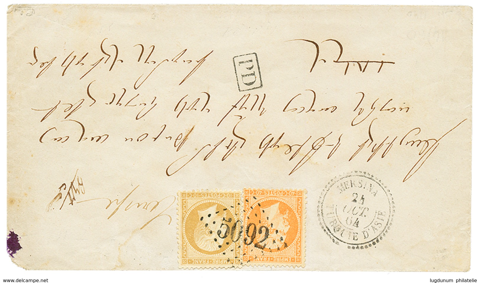 317 MERSINA : 1864 10c(n°23) + 40c(n°16) Obl. GC 5092 + MERSINA TURQUIE D' ASIE Sur Enveloppe Pour CONSTANTINOPLE. Cote  - Autres & Non Classés