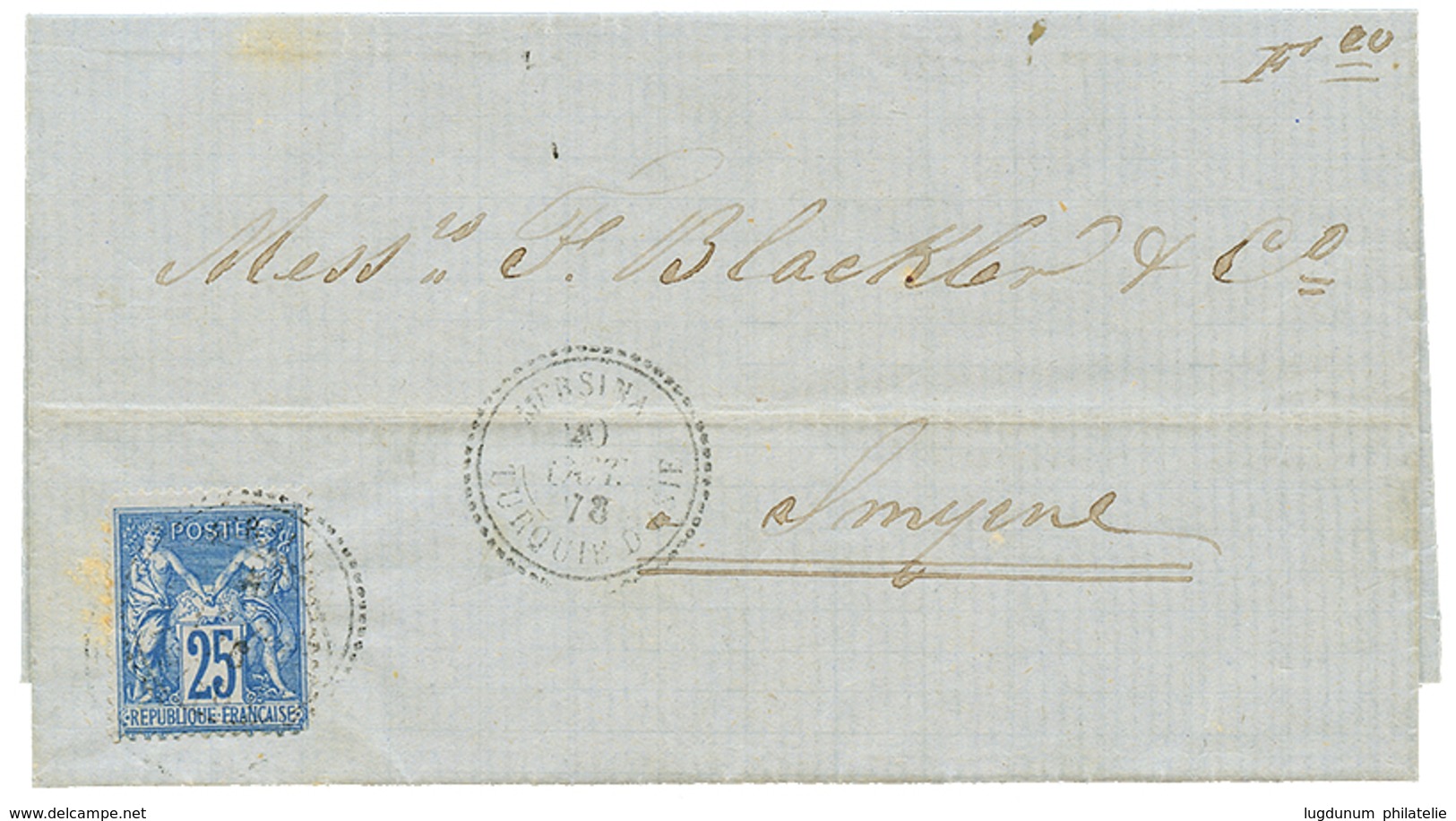 318 "MERSINA" : 1878 25c Sage Bleu Obl. MERSINA TURQUIE D'ASIE Sur Lettre Pour SMYRNE. TB. - Sonstige & Ohne Zuordnung