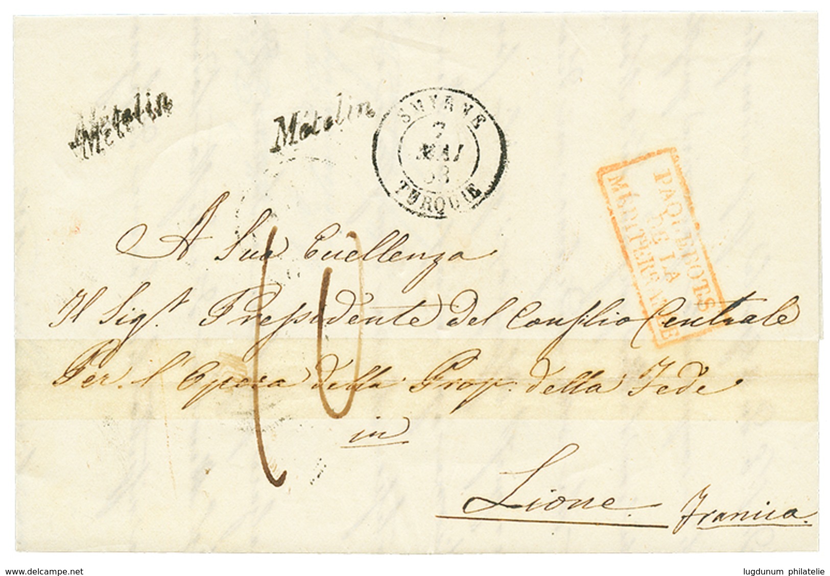 319 1853 Cursive METELIN + Taxe 10 + SMYRNE TURQUIE Sur Lettre Pour La FRANCE. RARE. TB. - Autres & Non Classés