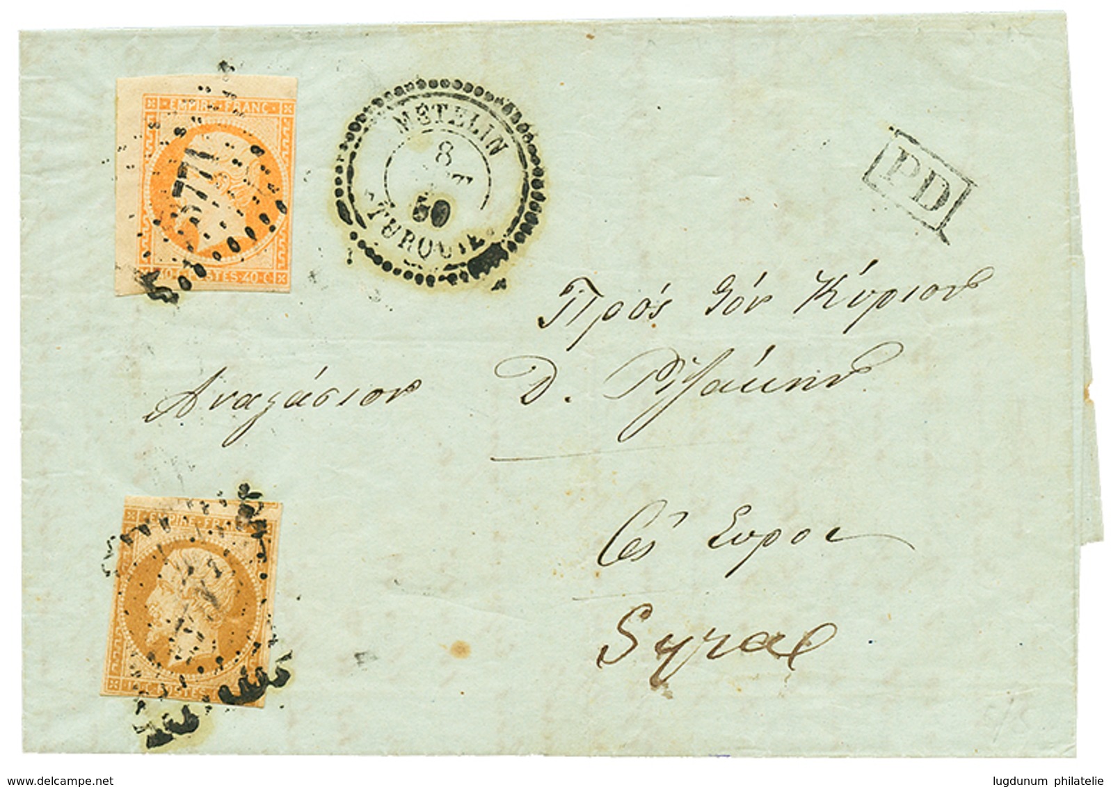 320 METELINE : 1859 10c(pd) + 40c Coin De Feuille Obl. PC 3771 + METELIN TURQUIE Sur Lettre Pour SYRA(GRECE). Cote 1500€ - Altri & Non Classificati