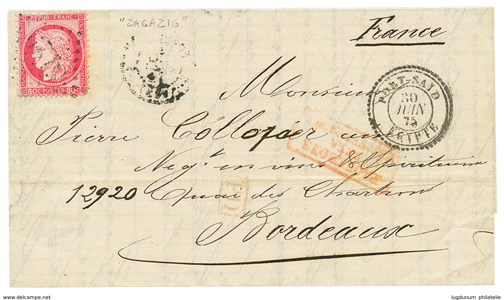 321 PORT-SAID : 1875 80c CERES Obl. GC 5129 + PORT-SAID EGYPTE Sur Lettre Avec Texte De ZAGAZIG. TB. - Sonstige & Ohne Zuordnung