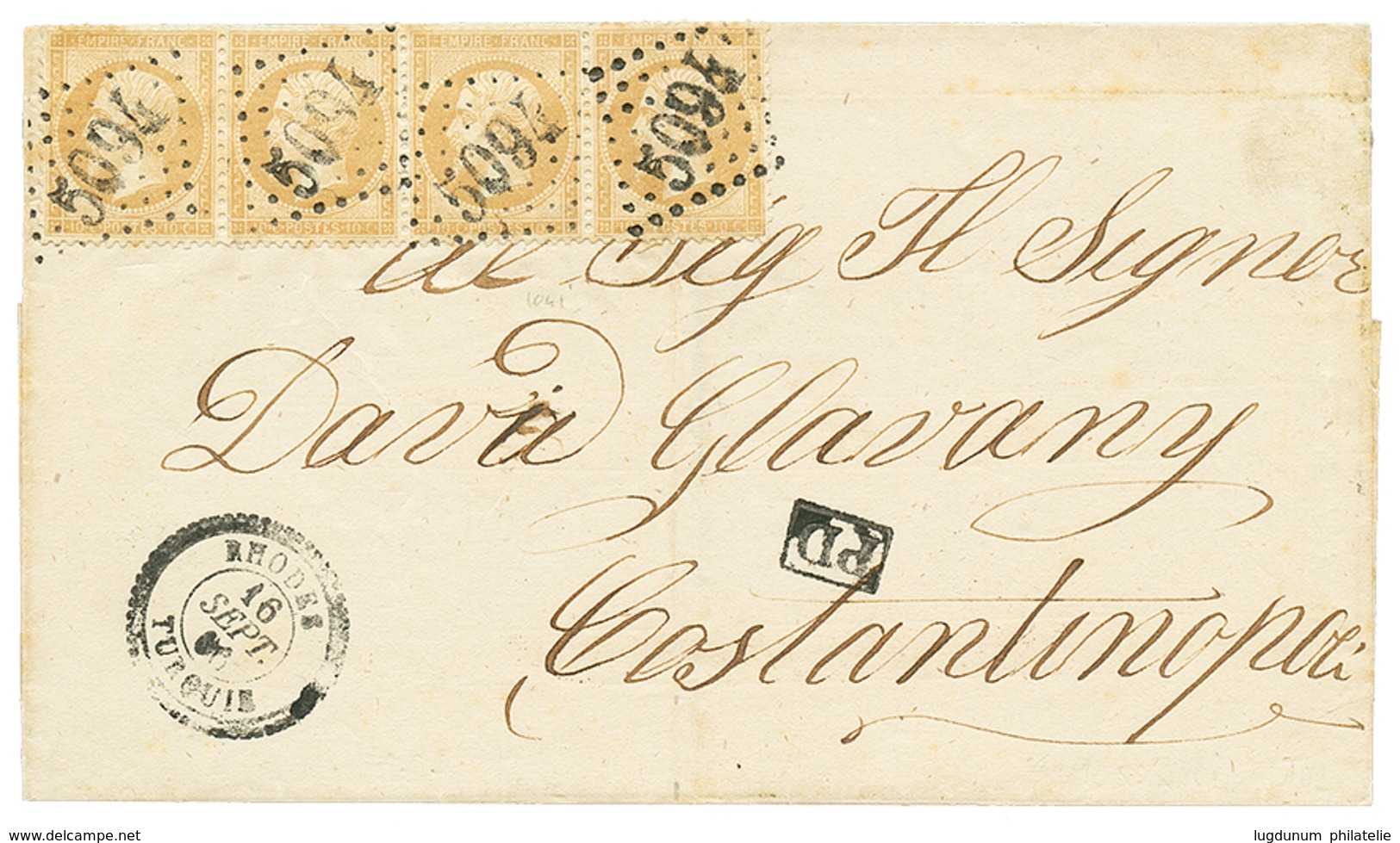 324 RHODES : 1866 10c(n°21)x4 Obl. GC 5094 + RHODES TURQUIE Sur Lettre Pour CONSTANTINOPLE. Léger Pli Sur 1 Timbre. Comb - Andere & Zonder Classificatie