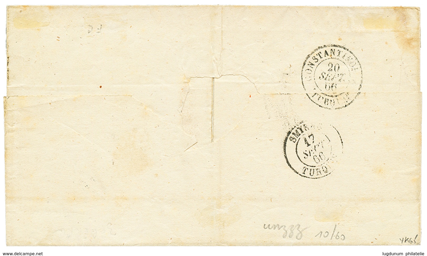 324 RHODES : 1866 10c(n°21)x4 Obl. GC 5094 + RHODES TURQUIE Sur Lettre Pour CONSTANTINOPLE. Léger Pli Sur 1 Timbre. Comb - Altri & Non Classificati