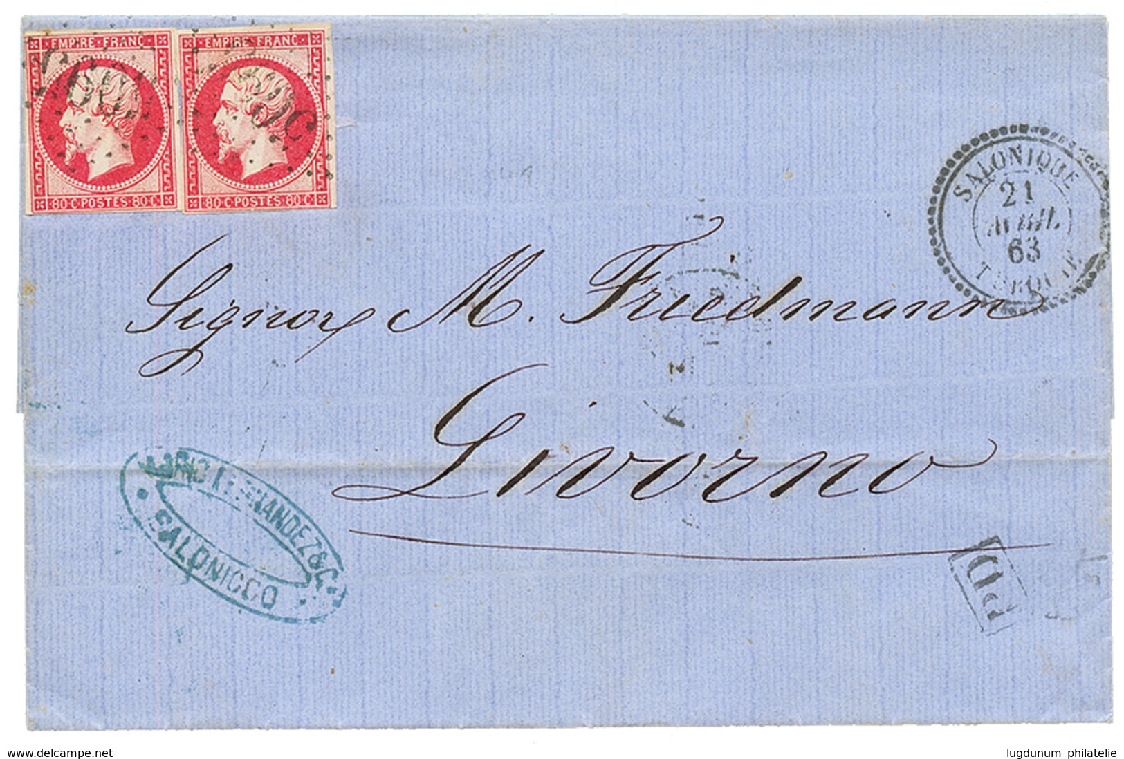 325 1863 80c(n°17)x2 Obl. GC 5095 + SALONIQUE TURQUIE Sur Lettre Pour L'ITALIE. Pas Courant. TB. - Altri & Non Classificati