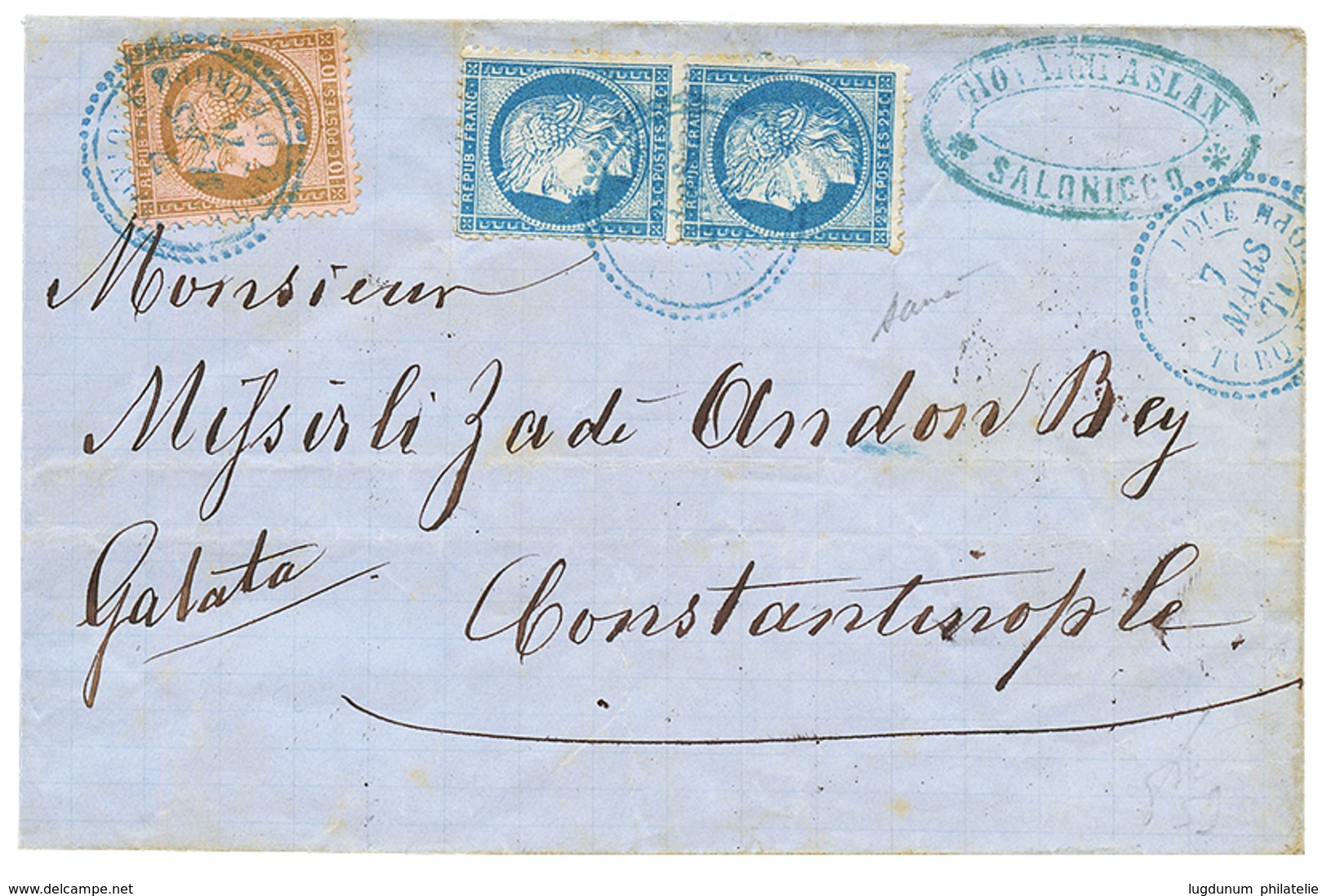 327 1871 CERES 10c + 25c(x2) Obl. SALONIQUE TURQUIE D'EUROPE Bleu Sur Lettre Pour CONSTANTINOPLE. TB. - Other & Unclassified