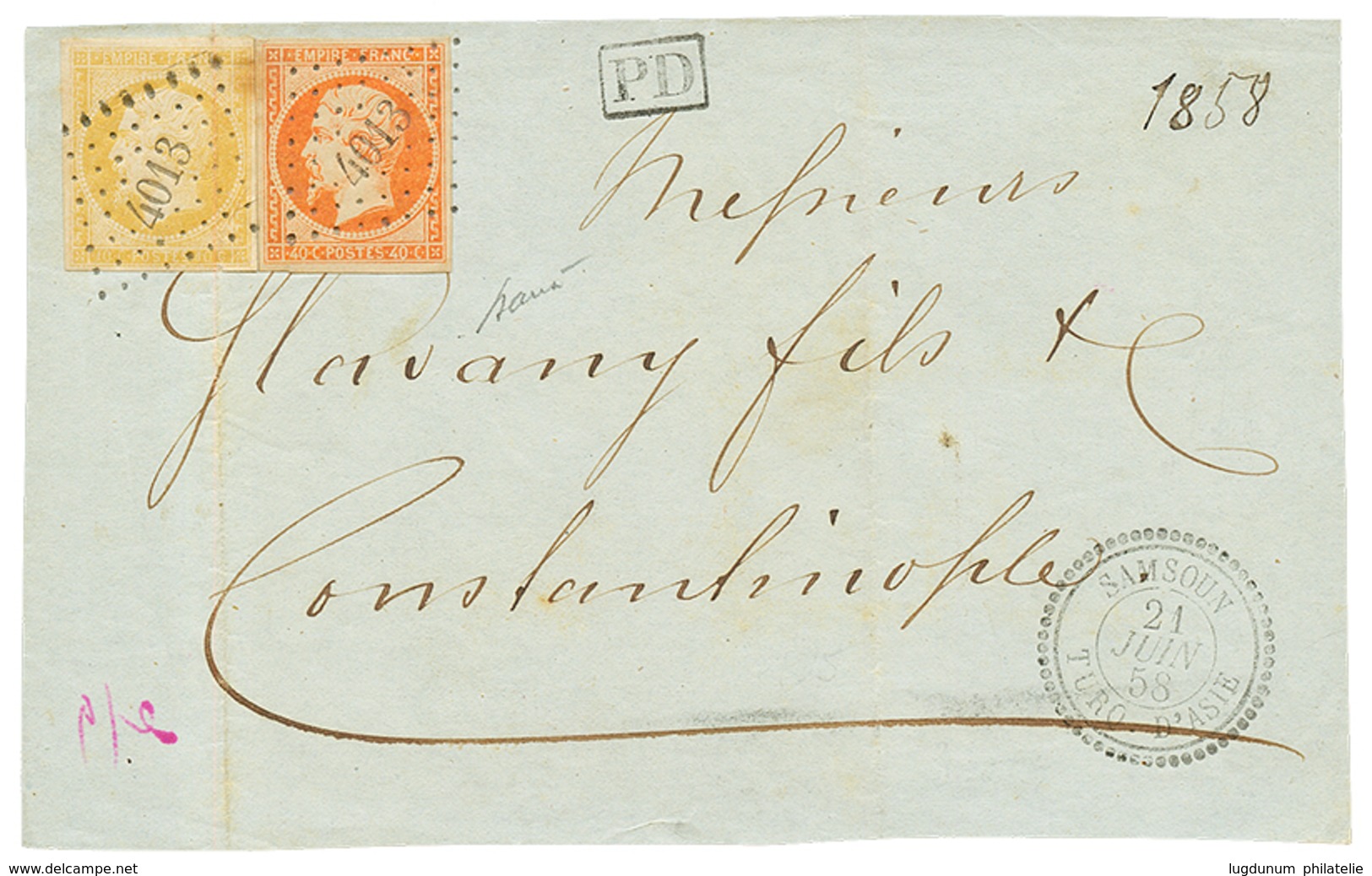 333 SAMSOUN : 1858 10c(n°13) Pli + 40c(n°16) Luxe Obl. PC 4013 + SAMSOUN TURQUIE Sur DEVANT De Lettre (front Only) Pour  - Sonstige & Ohne Zuordnung