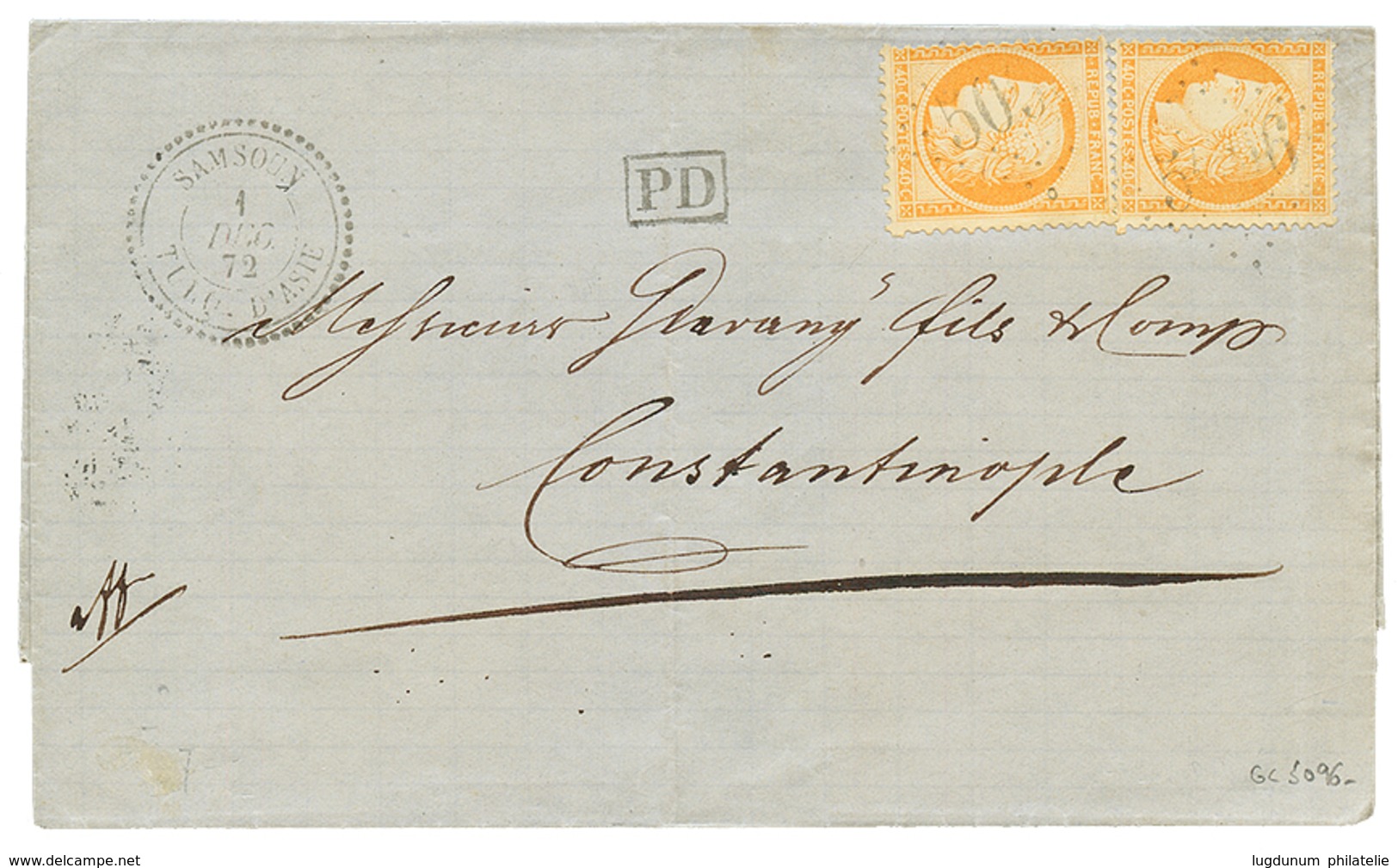 335 "SAMSOUN" : 1872 40c(n°38)x2 Obl. GC 5096 + SAMSOUN TURQ. D'ASIE Sur Lettre Pour CONSTANTINOPLE. Cote 1000€. TTB. - Altri & Non Classificati