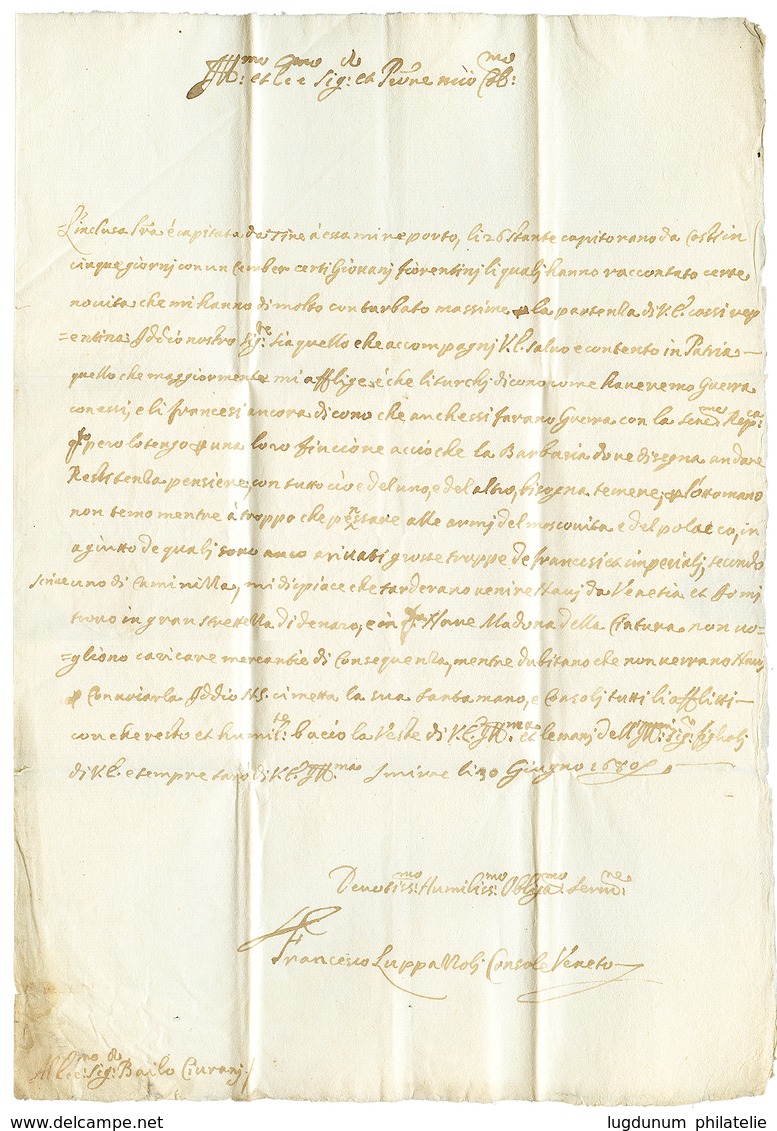 336 SMYRNE : 1680 Lettre Du Consul De La Republique De VENISE à SMYRNE Pour CONSTANTINOPLE. Superbe. - Sonstige & Ohne Zuordnung