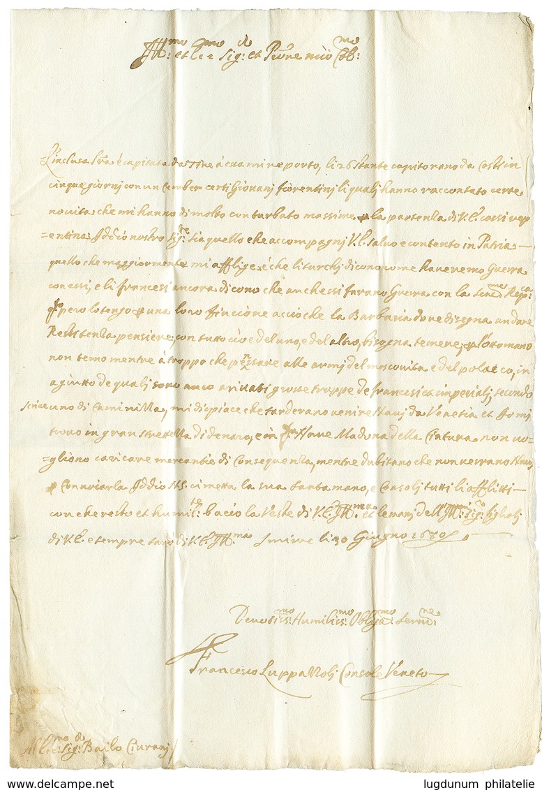 336 SMYRNE : 1680 Lettre Du Consul De La Republique De VENISE à SMYRNE Pour CONSTANTINOPLE. Superbe. - Altri & Non Classificati