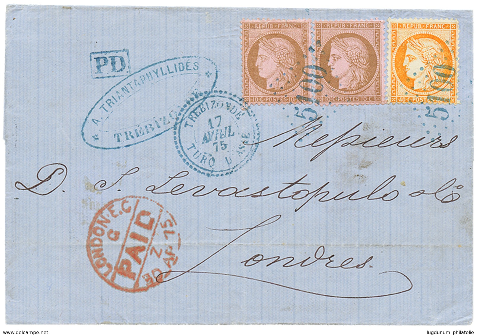 340 TREBIZONDE : 1875 CERES 10c(x2) + 40c SIEGE Obl. GC 5100 + TREBIZONDE TURQ. D' ASIE Sur Lettre Pour L' ANGLETERRE. R - Altri & Non Classificati