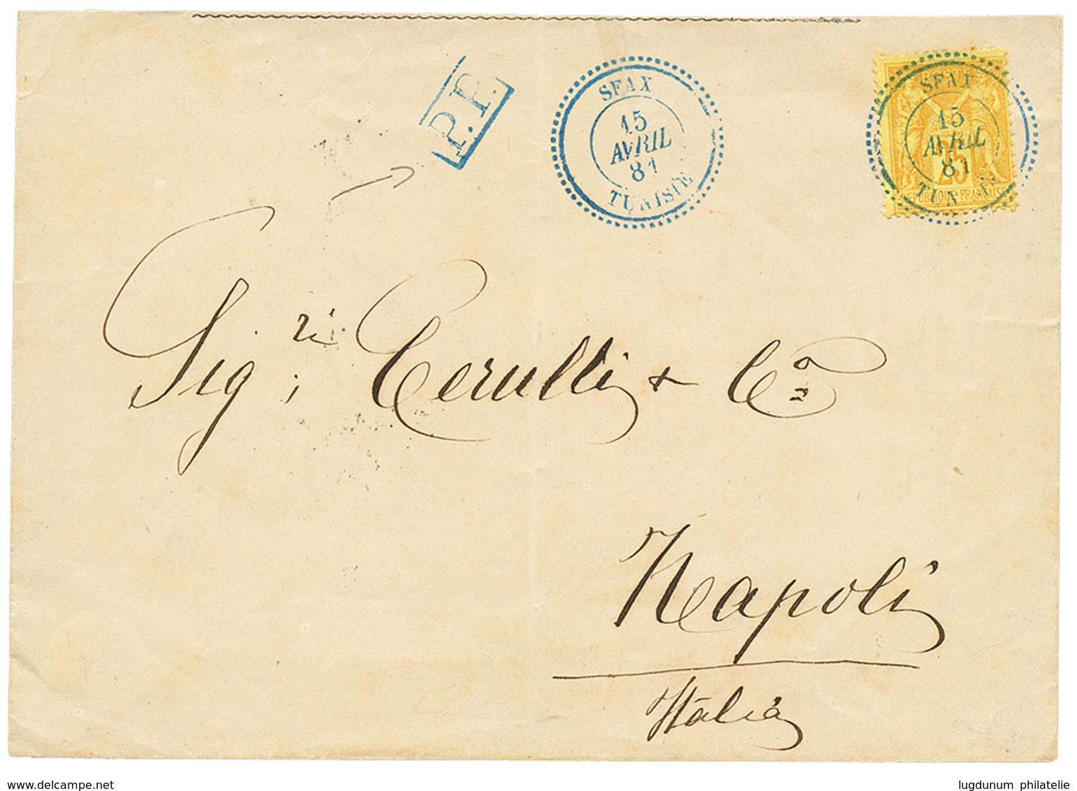 342 "SFAX" : 1881 25c SAGE Jaune Obl. SFAX TUNISIE + P.P Bleu Sur Enveloppe Pour L' ITALIE. Superbe. - Altri & Non Classificati