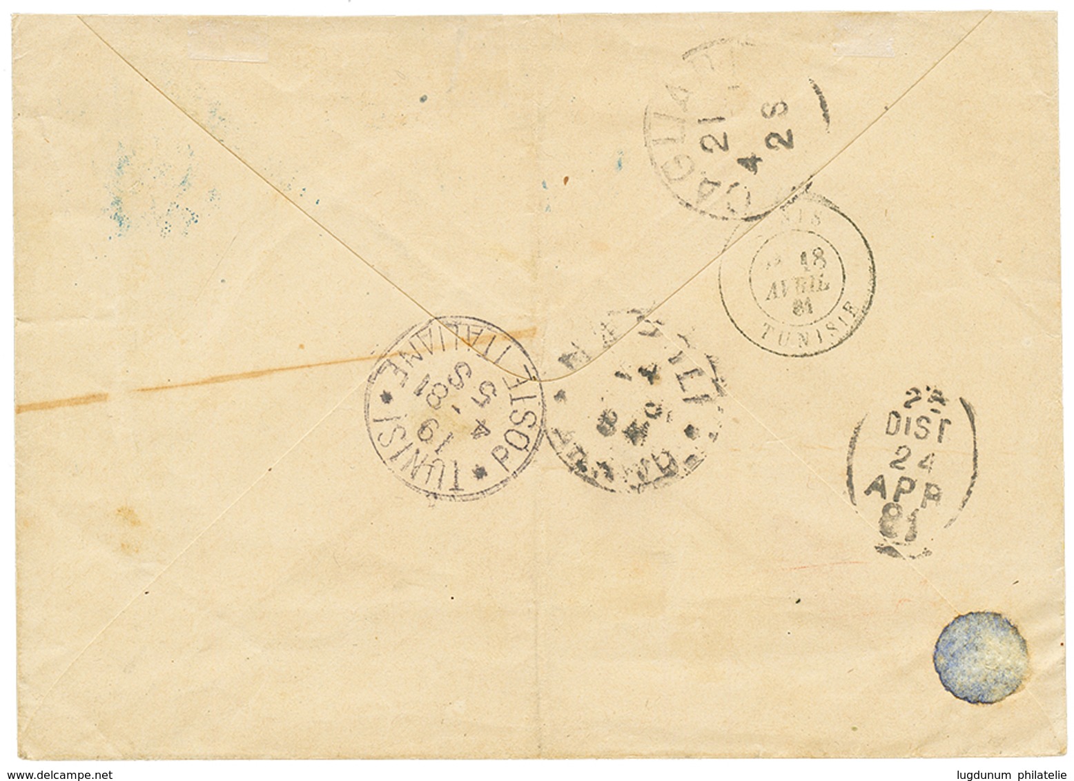 342 "SFAX" : 1881 25c SAGE Jaune Obl. SFAX TUNISIE + P.P Bleu Sur Enveloppe Pour L' ITALIE. Superbe. - Altri & Non Classificati