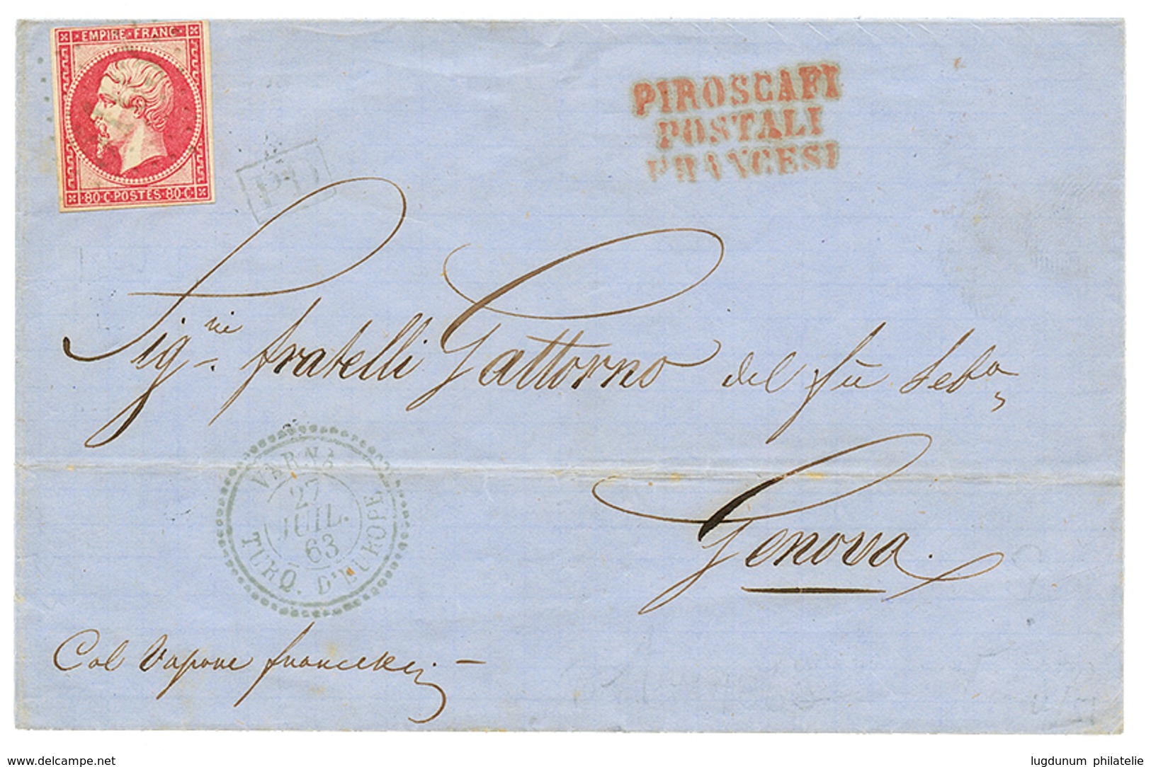 343 1863 80c(n°17) Obl. GC 5103 + VARNA TURQ. D' EUROPE Sur Lettre Pour L' ITALIE. GROS CHIFFRE 5103 Rare Sur émission N - Sonstige & Ohne Zuordnung