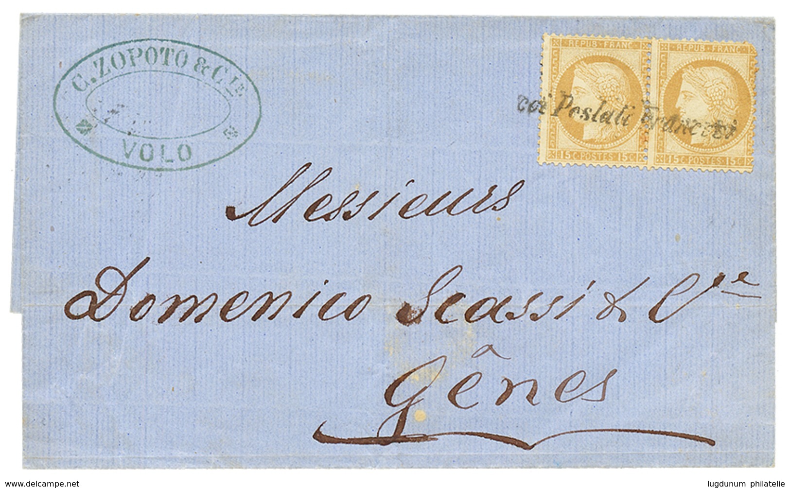 344 VOLO : 1876 Paire 15c CERES Obl. COI POSTALI FRANCESI Sur Lettre De VOLO Pour GENES. RARE. TTB. - Autres & Non Classés