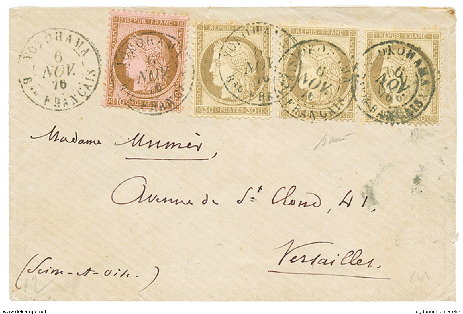 345 YOKOHAMA : 1876 10c + 30c(x3) Obl. YOKOHAMA Bau FRANCAIS Sur Enveloppour La FRANCE. Superbe. - Autres & Non Classés