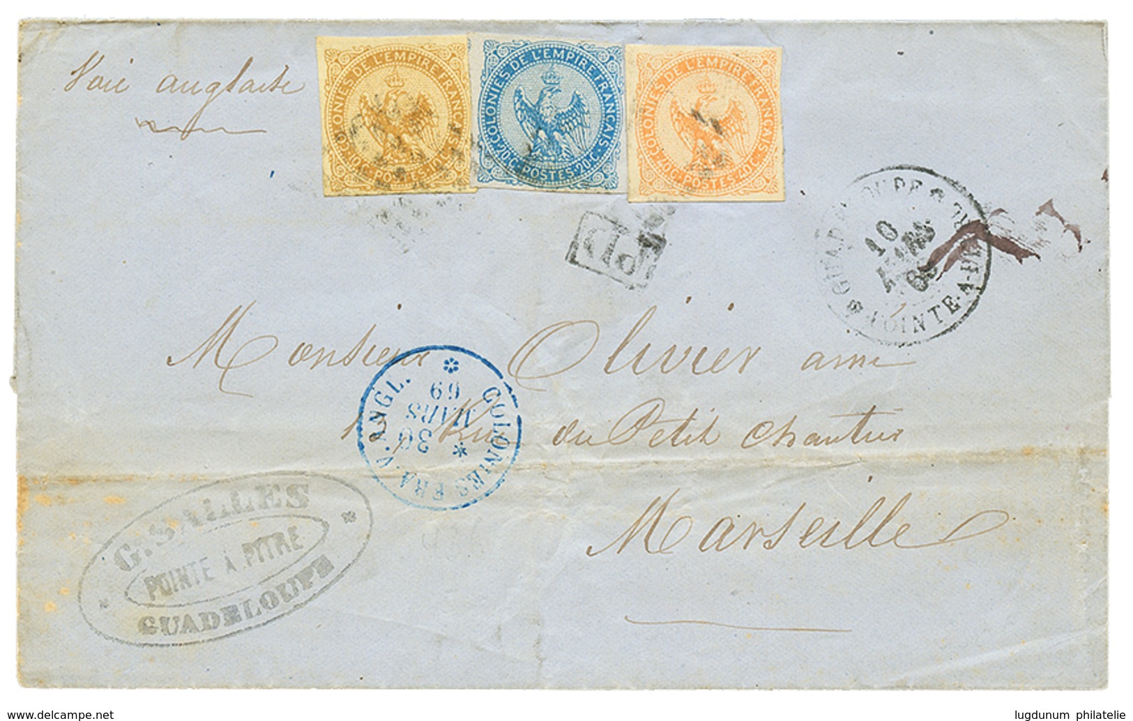 426 1869 AIGLE 10c + 20c+ 40c TTB Margés Sur Lettre De POINTE-A-PITRE GUADELOUPE Pour La FRANCE. TB. - Sonstige & Ohne Zuordnung