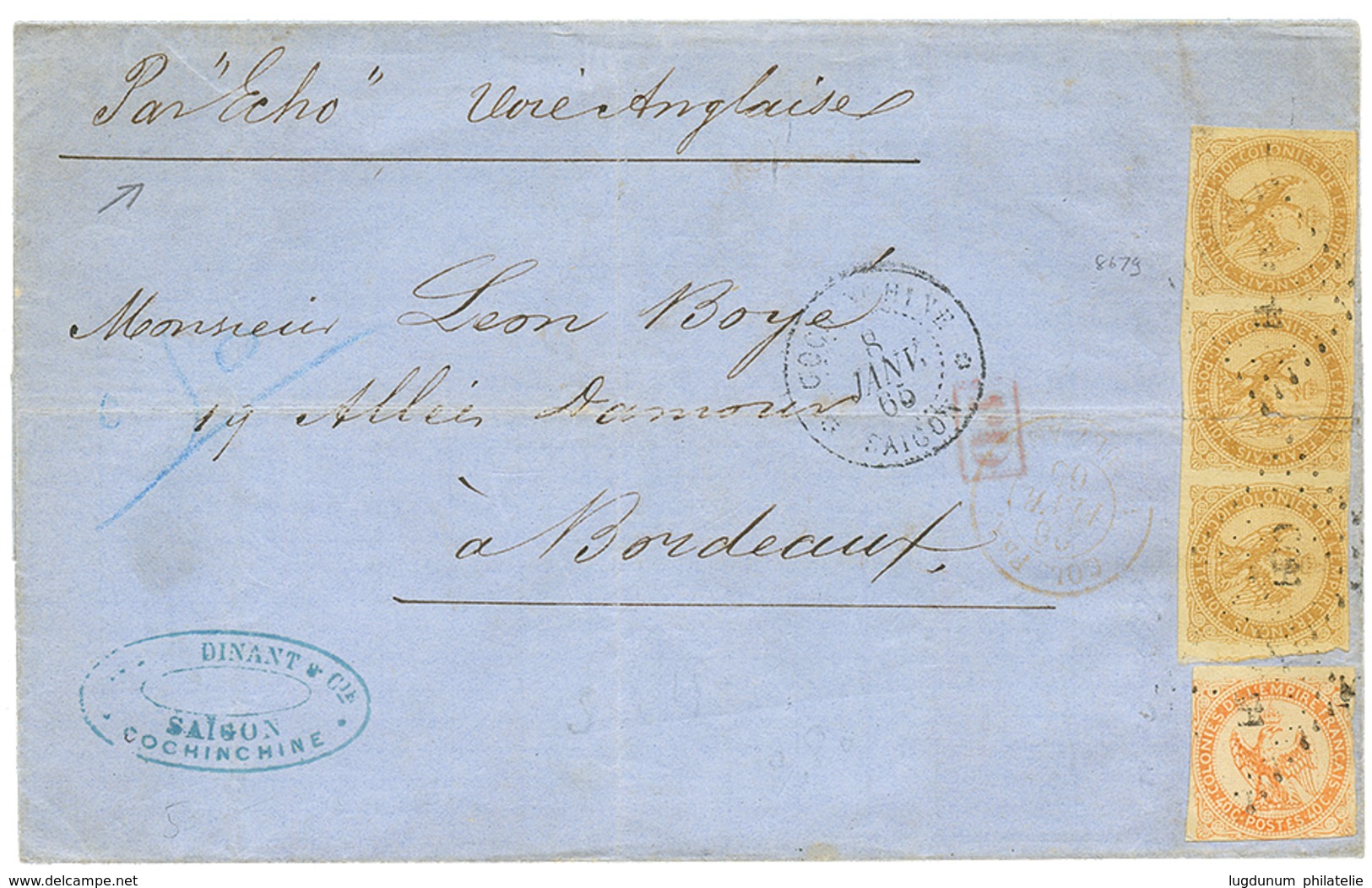 433 1865 AIGLE Bande 3 Du 10c(1 Ex. Pli) + 40c Obl. CCH + COCHINCHINE SAIGON Sur Lettre Avec Texte Pour La FRANCE. TB. - Sonstige & Ohne Zuordnung