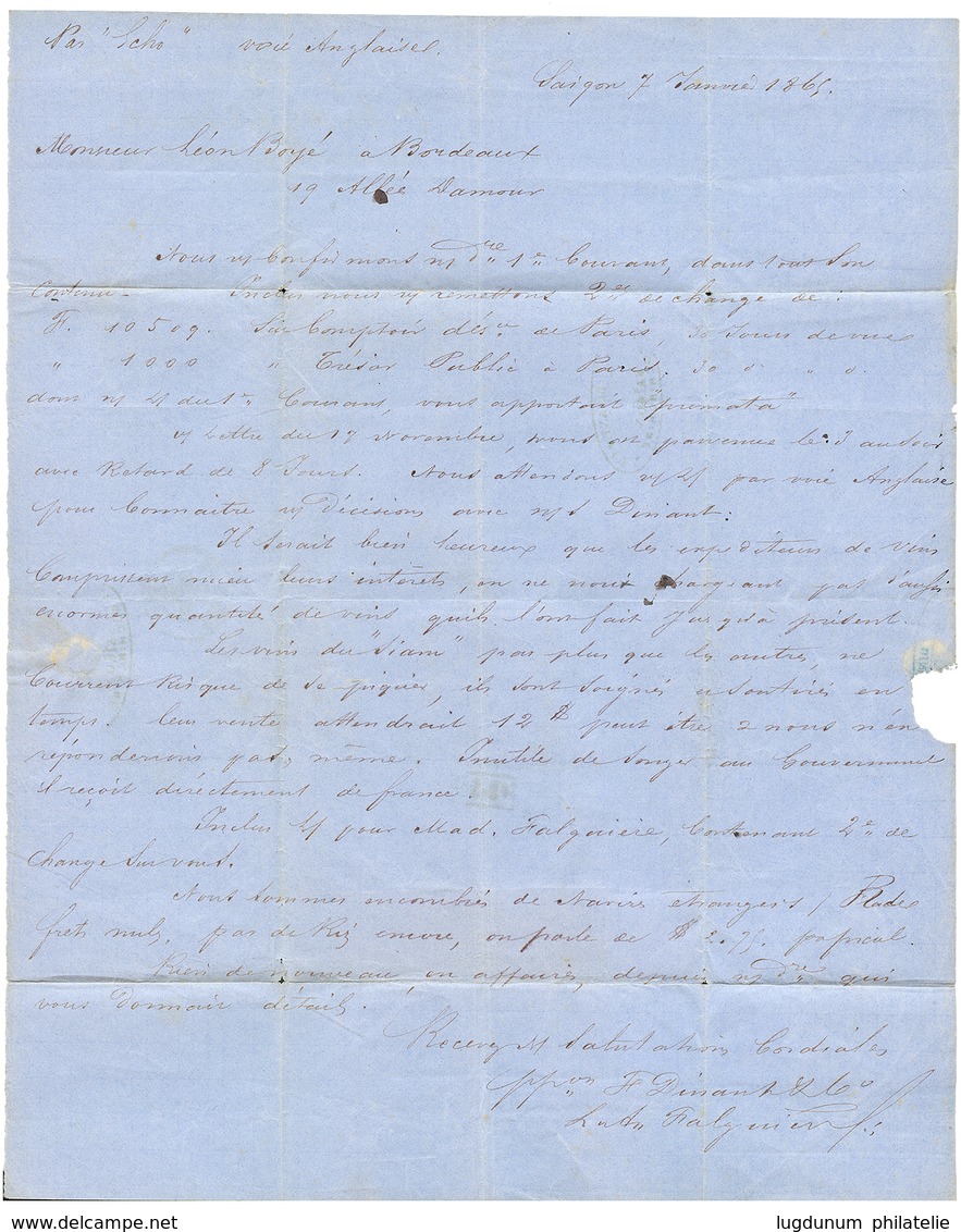 433 1865 AIGLE Bande 3 Du 10c(1 Ex. Pli) + 40c Obl. CCH + COCHINCHINE SAIGON Sur Lettre Avec Texte Pour La FRANCE. TB. - Sonstige & Ohne Zuordnung