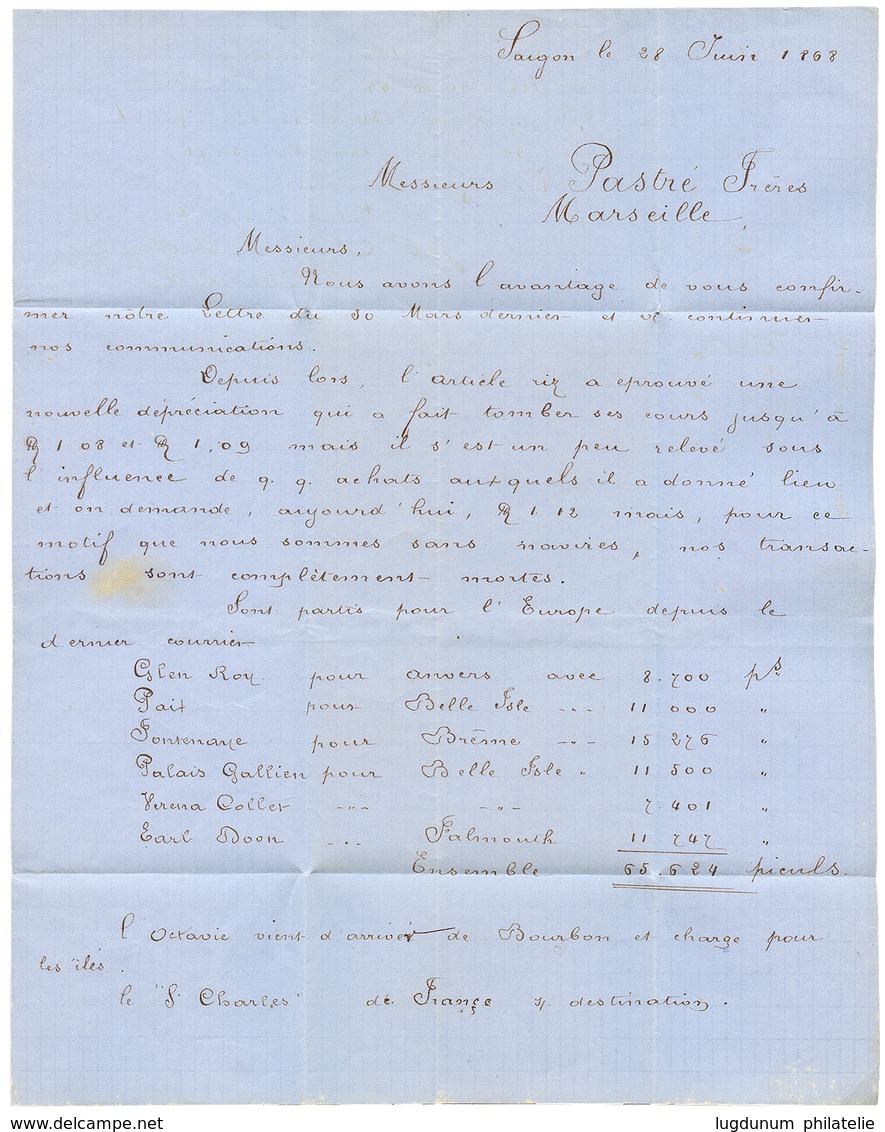 434 1868 10c + 40c AIGLE Obl. CCH + COCHINCHINE SAIGON Sur Lettre Avec Texte Pour La FRANCE. TB. - Autres & Non Classés