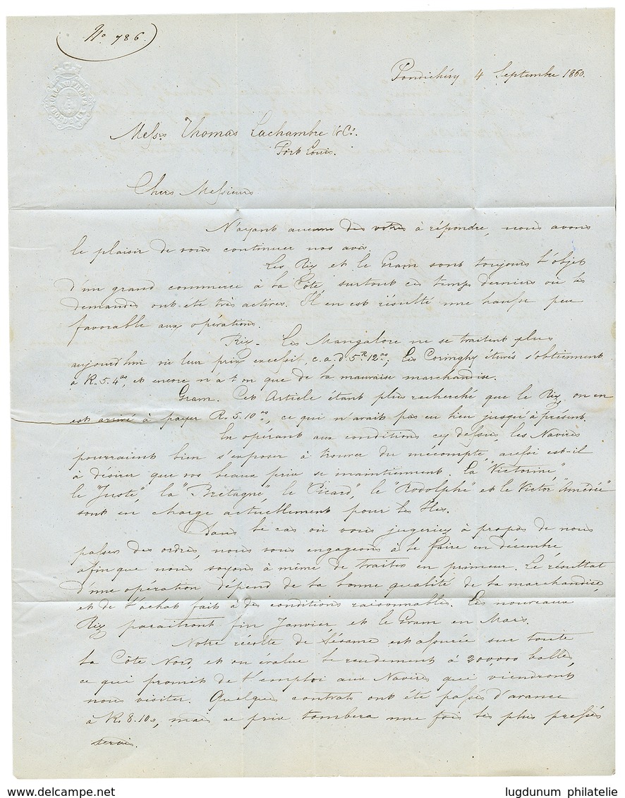 439 "2éme Date Connue Du Type AIGLE En INDE" : 1860 10c AIGLE Obl. Losange De 81 Pts + Grand Cachet Bleu BUREAU DE PONDI - Autres & Non Classés