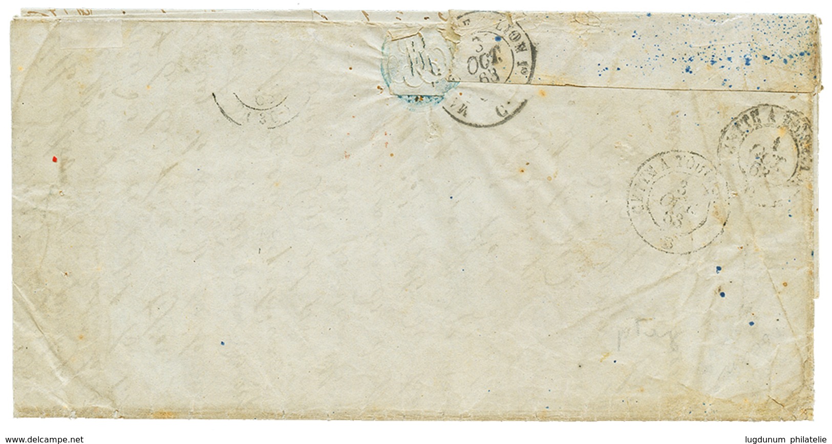 452 "STE MARIE" : 1863 Paire 10c AIGLE + Paire 40c AIGLE Obl. 64 Pts Bleus + Grand Cachet Bleu (rare) STE MARIE ILE DE L - Autres & Non Classés