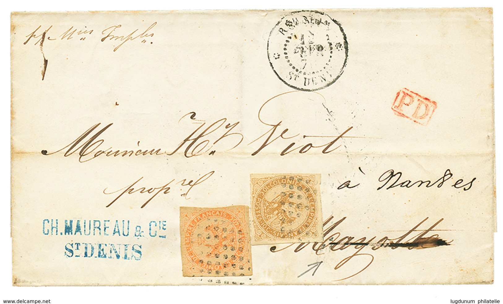 461 "REUNION Pour MAYOTTE" : 1870 10c + 40c AIGLE Obl. 64 Pts + REUNION ST DENIS Sur Lettre Pour MAYOTTE Réexpédié à NAN - Autres & Non Classés