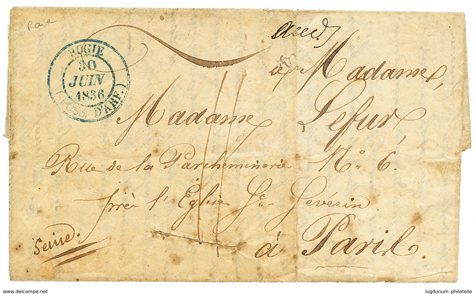 480 1836 Cachet Bleu BUGIE (POSS. D'AFR.) Sur Lettre PURIFIEE Avec Texte Daté "BOUGIE" Pour PARIS. RARE. TTB. - Other & Unclassified