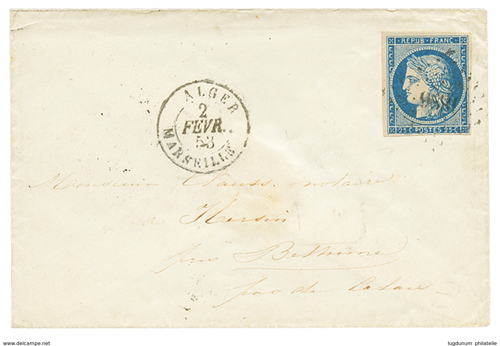 483 1853 25c CERES(n°4) Obl. PC 1896 + Cachet ALGER MARSEILLE Sur Enveloppe Pour La FRANCE. RARE. TTB. - Autres & Non Classés